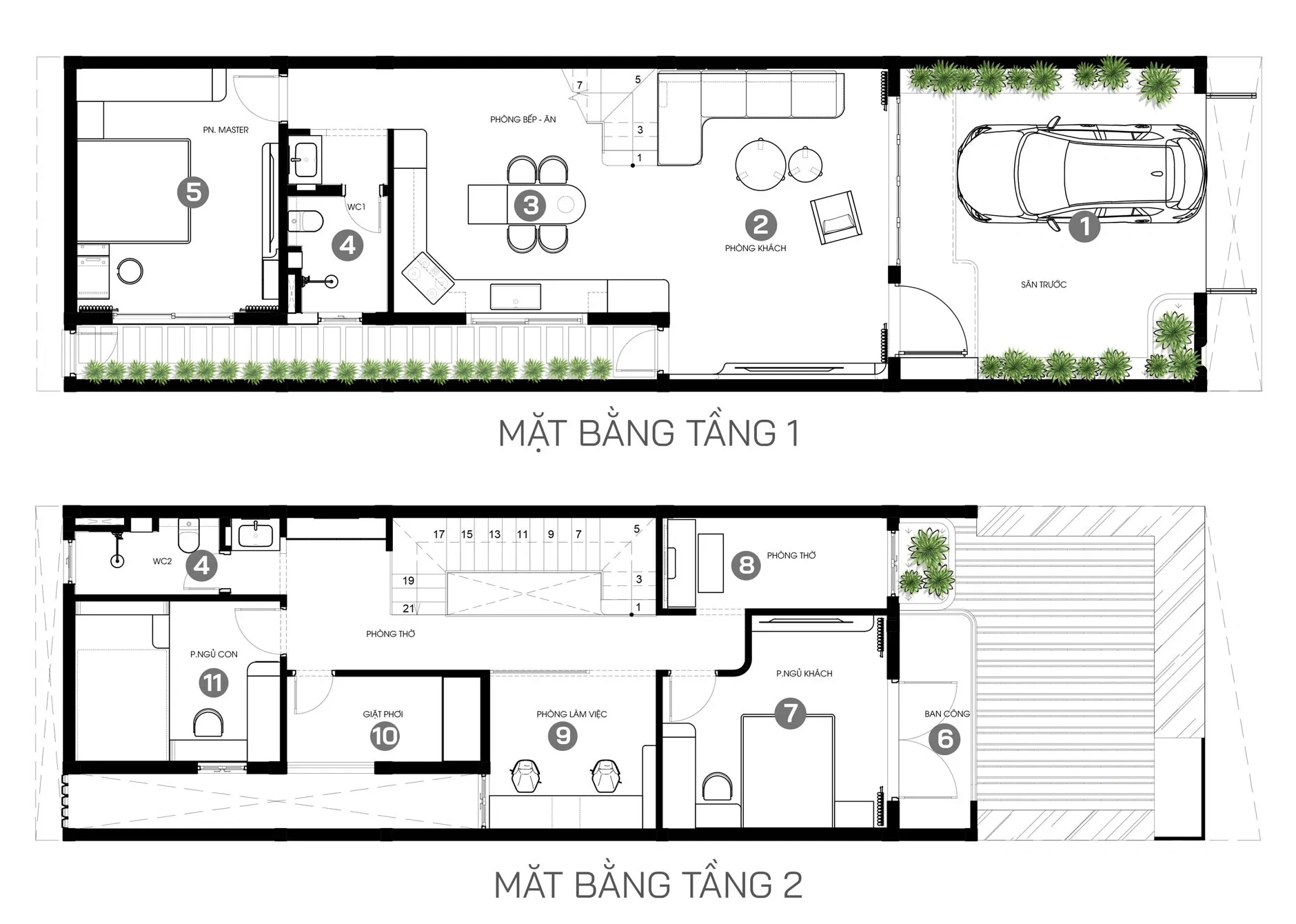 Bản vẽ chi tiết mặt bằng công năng 2 tầng 6x21m bố trí 3 phòng ngủ phòng làm việc sân đỗ ô tô