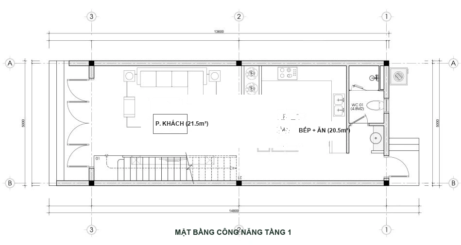 Mặt bằng công năng tầng 1 nhà ống 5x15m