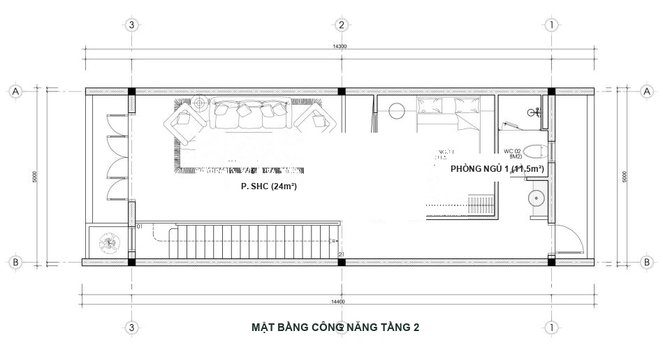 Mặt bằng công năng tầng 2 nhà ống 5x15m