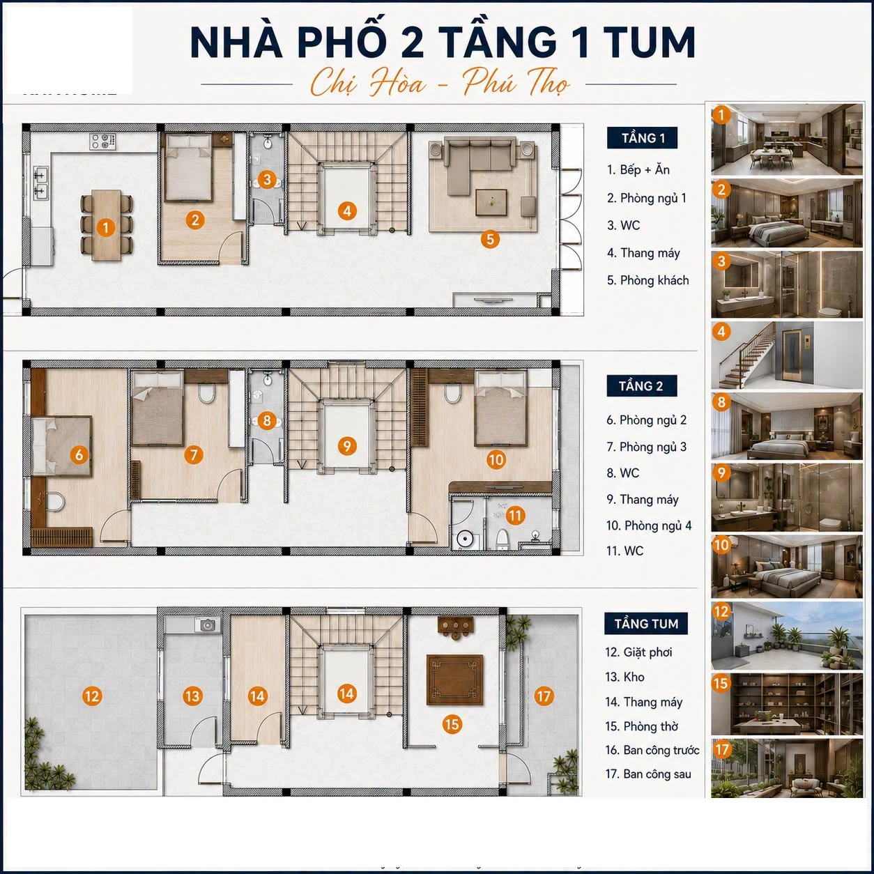 Bản vẽ mặt bằng công năng nhà phố 2 tầng 1 tum 5x17m tích hợp thang máy