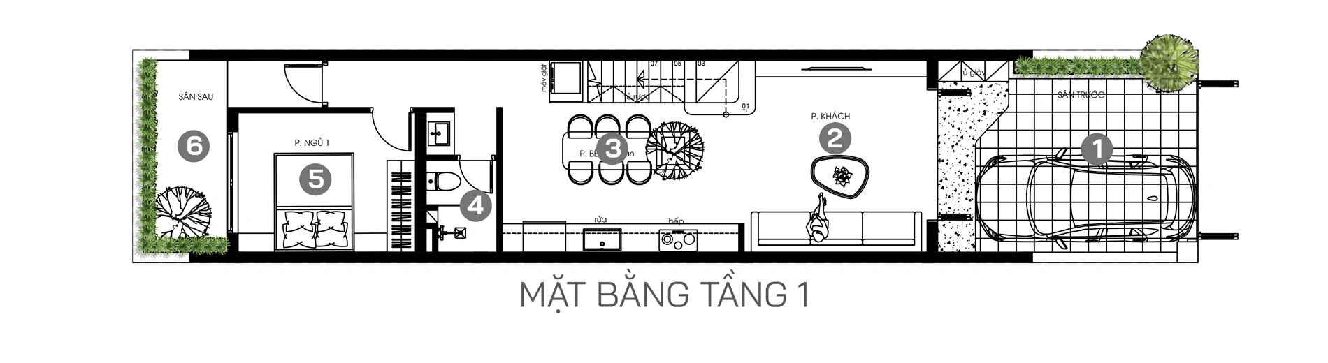 Mặt bằng tầng 1 gồm sân trước, phòng khách, giếng trời cây xanh, bếp ăn, phòng ngủ 01 và sân sau