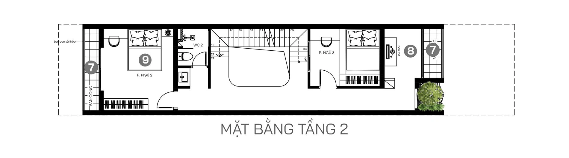 Mặt bằng tầng 2 gồm ban công vòm cong, phòng ngủ master khép kín, phòng ngủ 02 và khoảng thông tầng