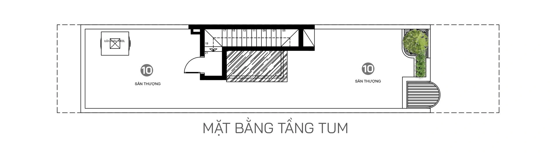 Mặt bằng tầng tum gồm phòng thờ trang nghiêm, kho, khu giặt và sân thượng sky garden
