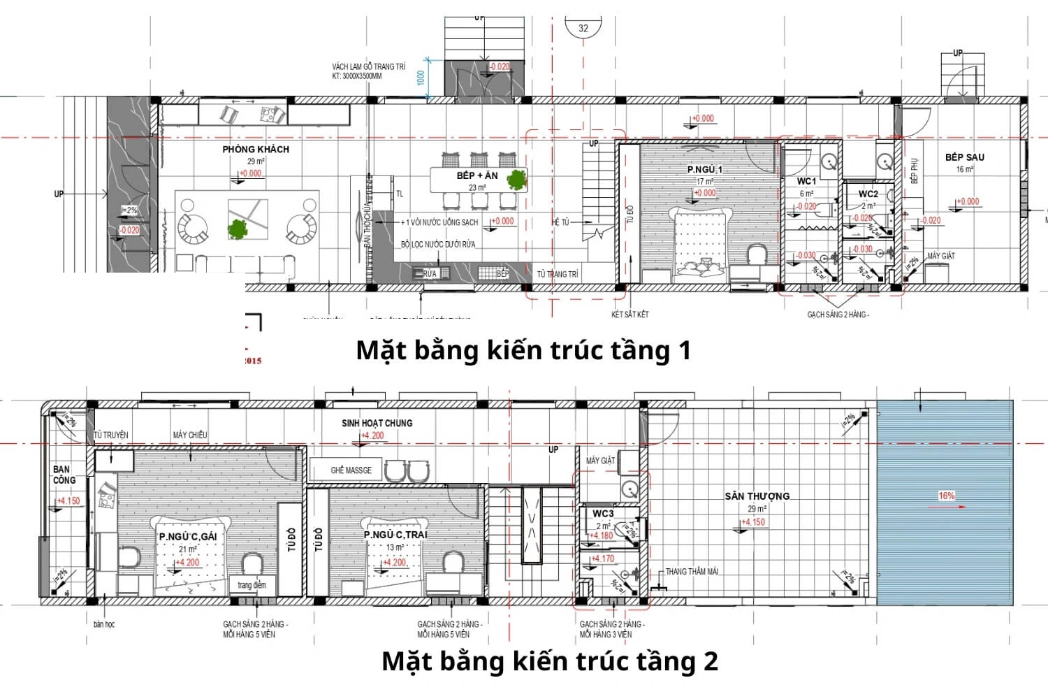 Bản vẽ mặt bằng kiến trúc tổng thể 2 tầng nhà phố 5.5x25m