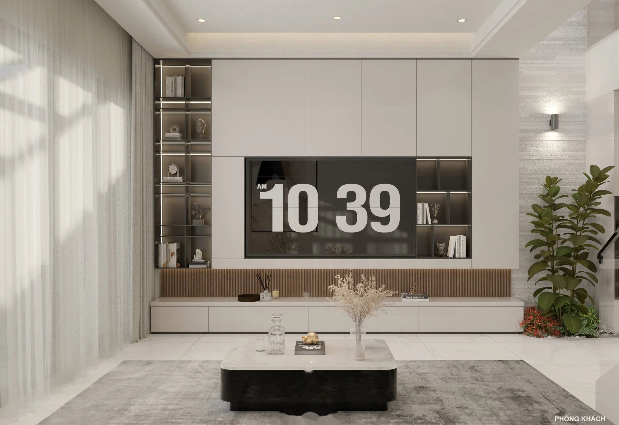 Phòng khách sofa nỉ xám và kệ TV ốp vách lam gỗ