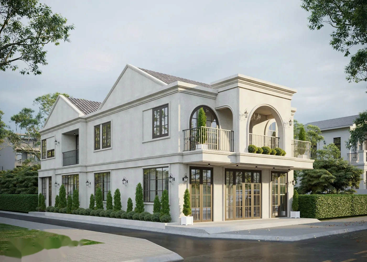 Góc nhìn phối cảnh nghiêng khoe trọn kiến trúc tân cổ điển bề thế và hàng cây xanh