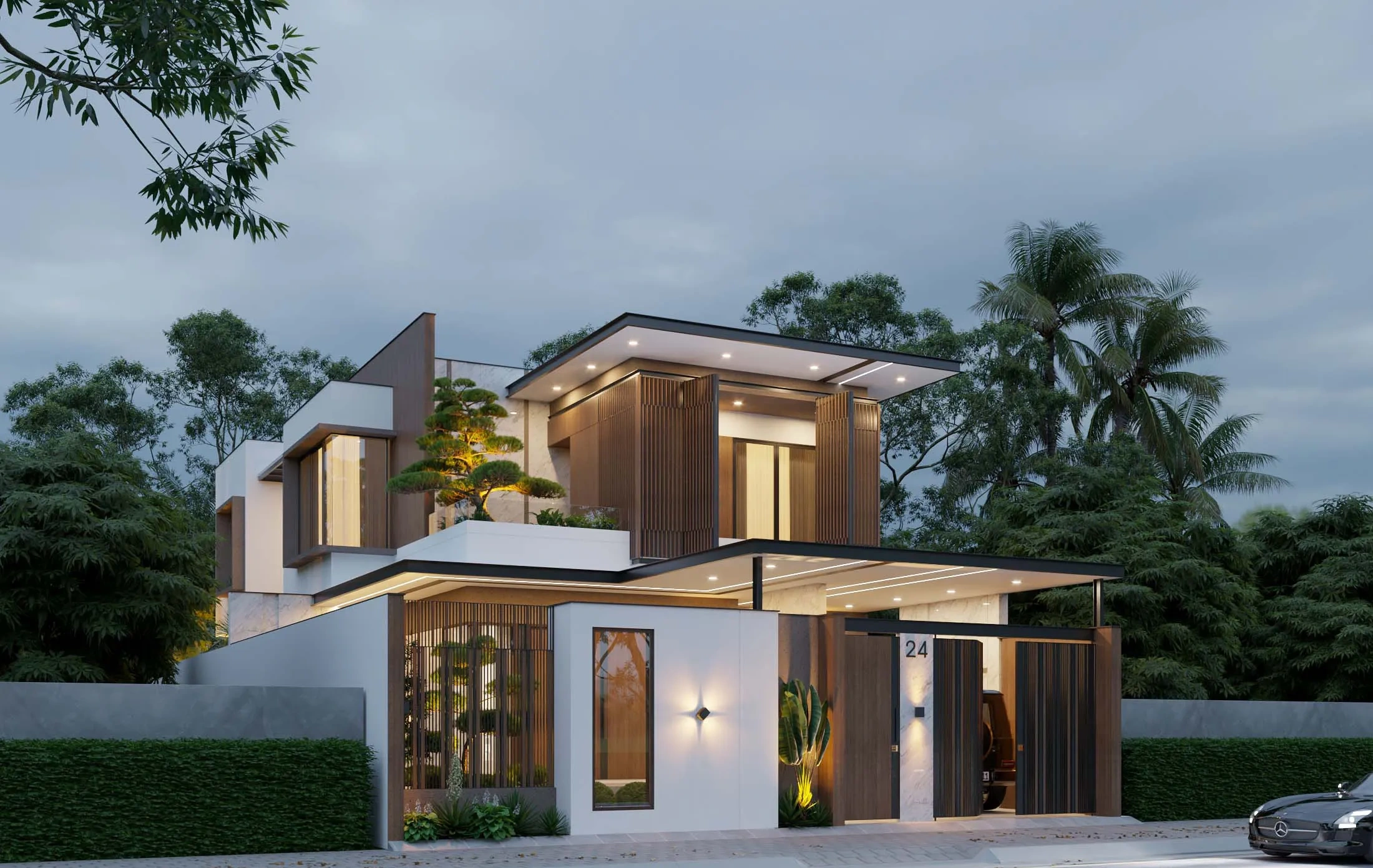Phối cảnh góc nghiêng biệt thự 12x25m lung linh về đêm