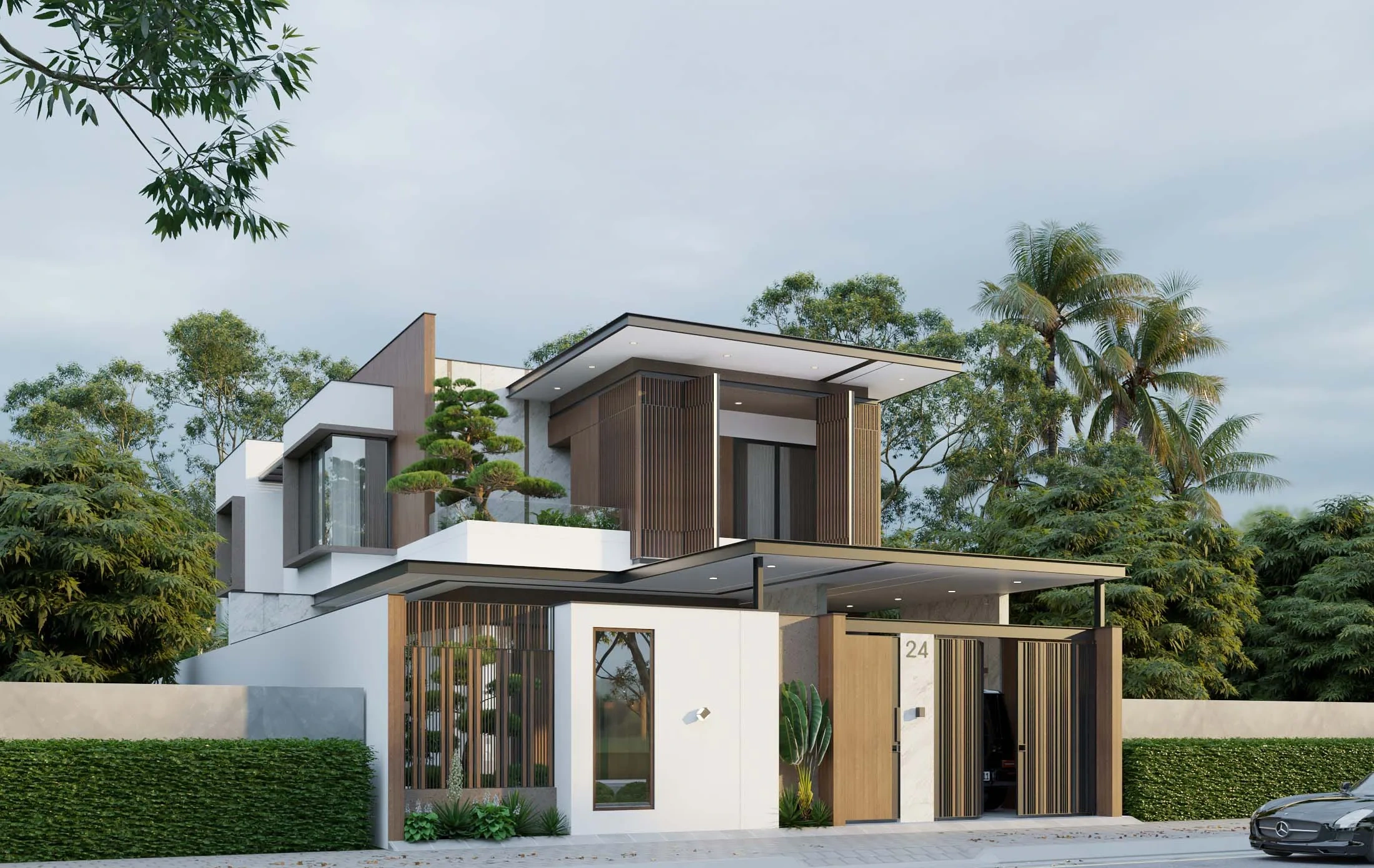 Phối cảnh góc nghiêng toàn cảnh biệt thự 2 tầng 12x25m ban ngày