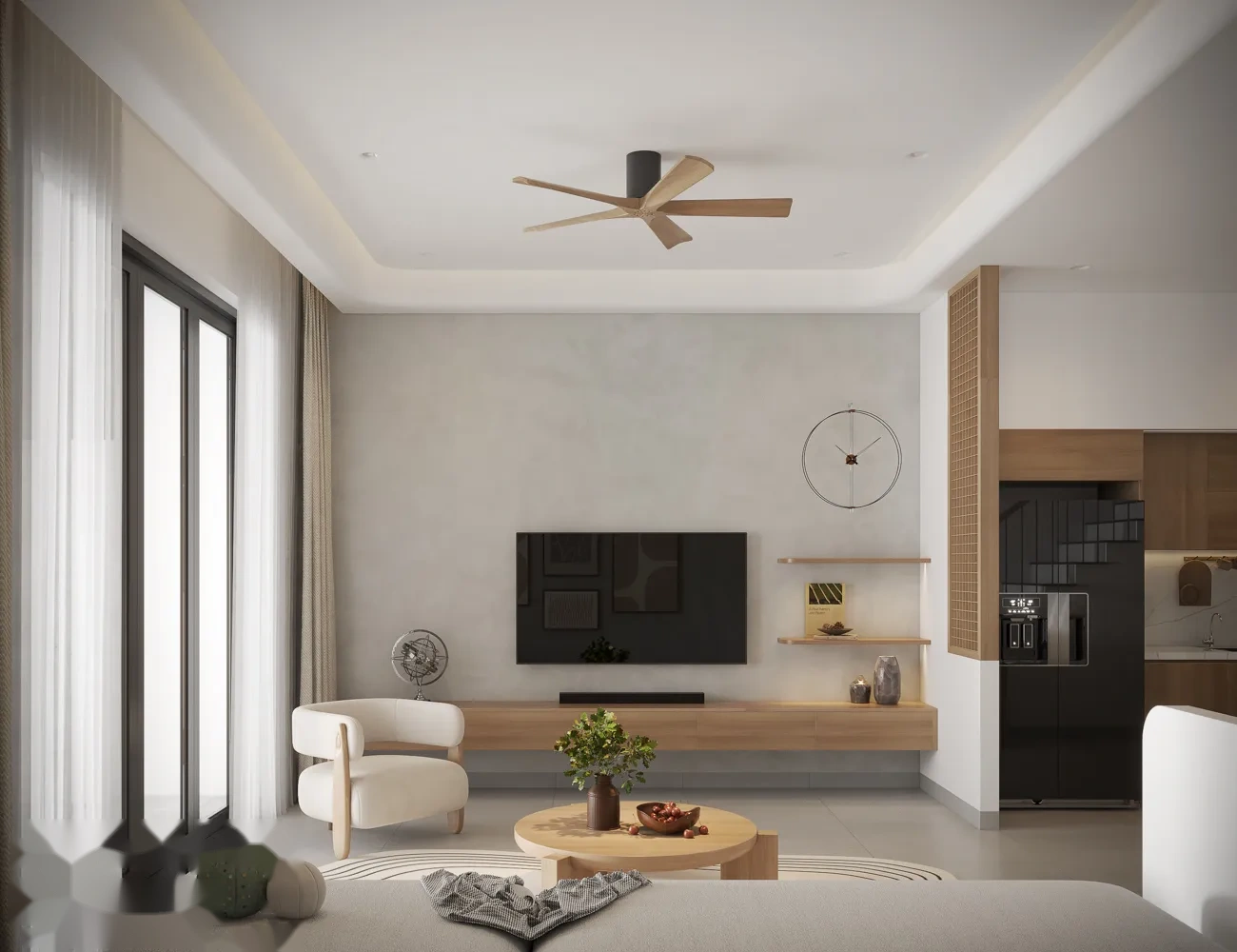 Góc nhìn tổng thể kiến trúc ngoại thất hiện đại với hệ lam che nắng thanh thoát