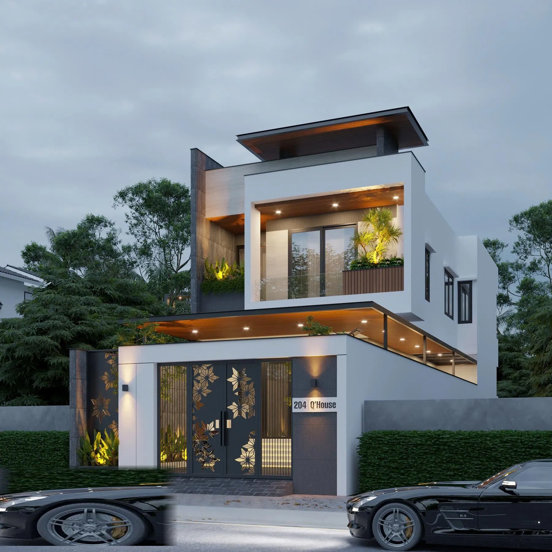 Phối cảnh góc nghiêng toàn cảnh nhà phố 2 tầng