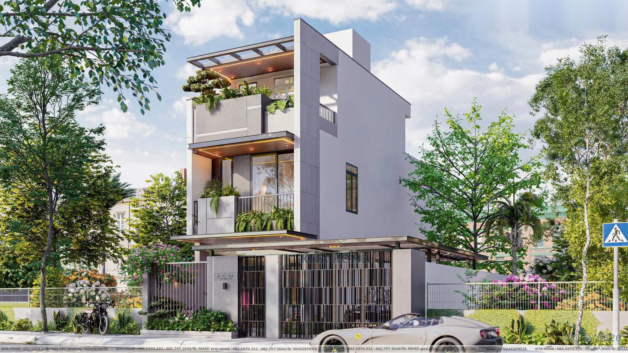 Phối cảnh góc nhìn nghiêng nhà phố 2 tầng 1 tum hiện đại 5x17m