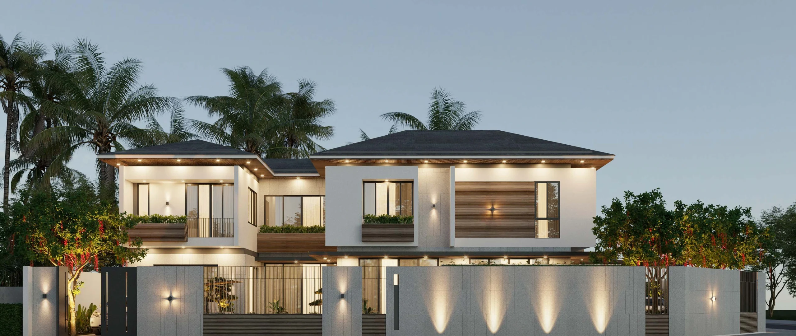 Phối cảnh mặt tiền cạnh hông trải dài 31m