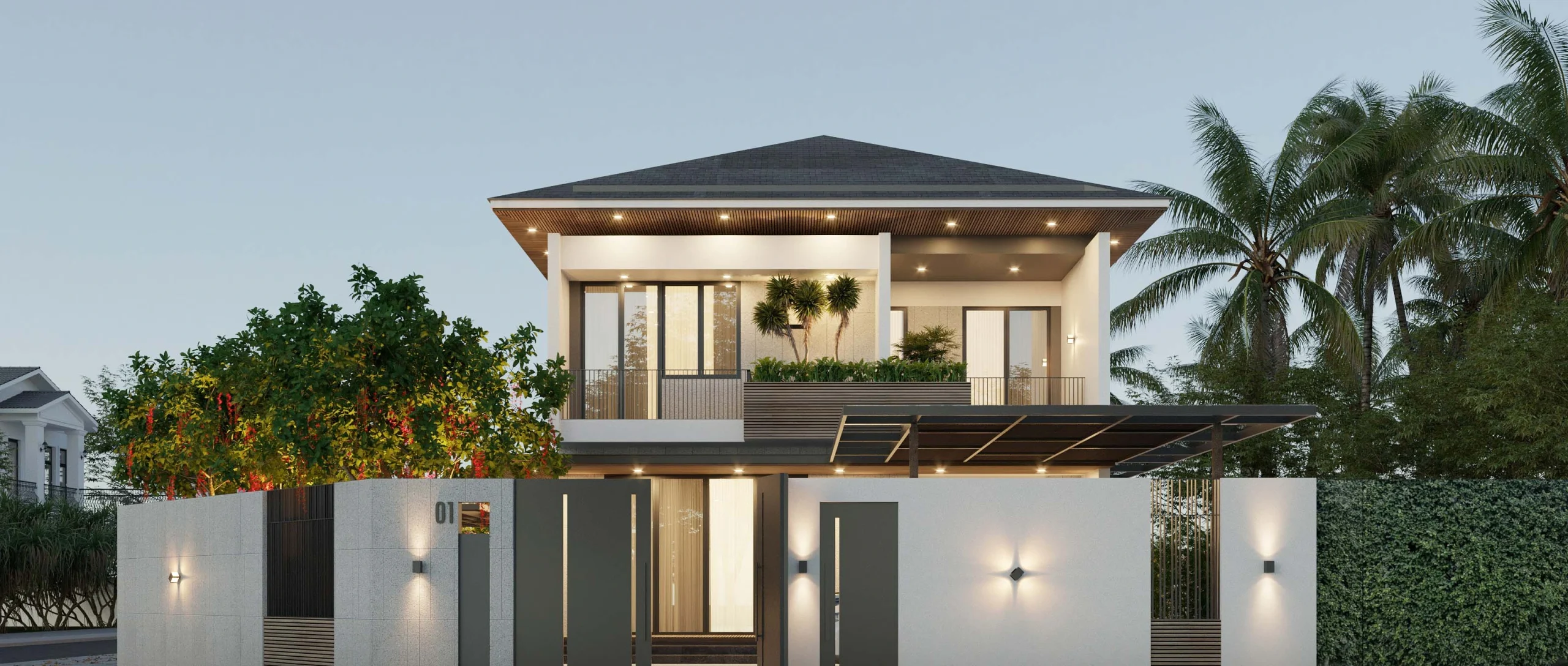 Phối cảnh mặt tiền chính diện biệt thự 2 tầng 31x26m