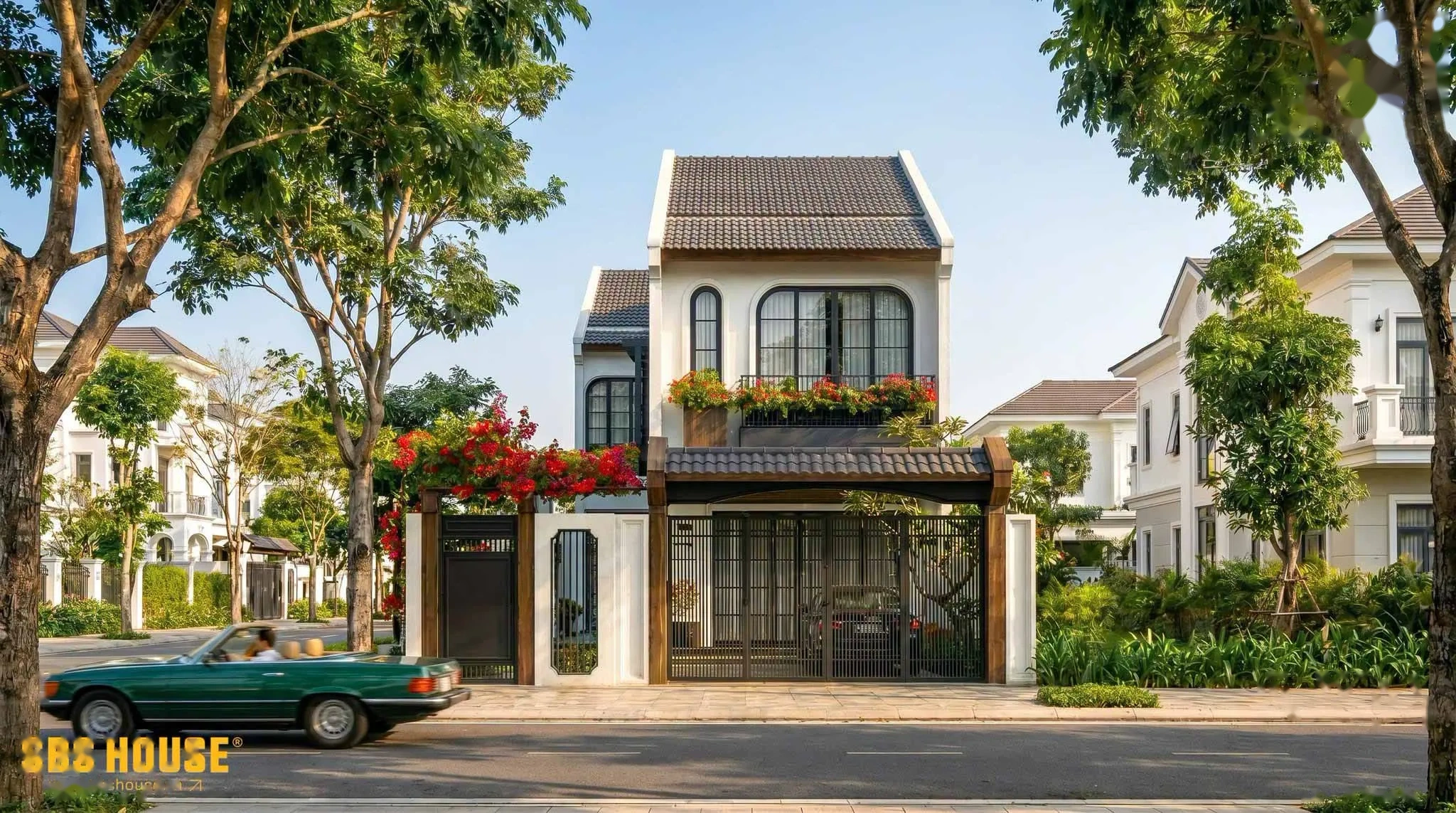 Mặt tiền nhà phố 2 tầng phong cách Indochine mái ngói truyền thống 8x25m