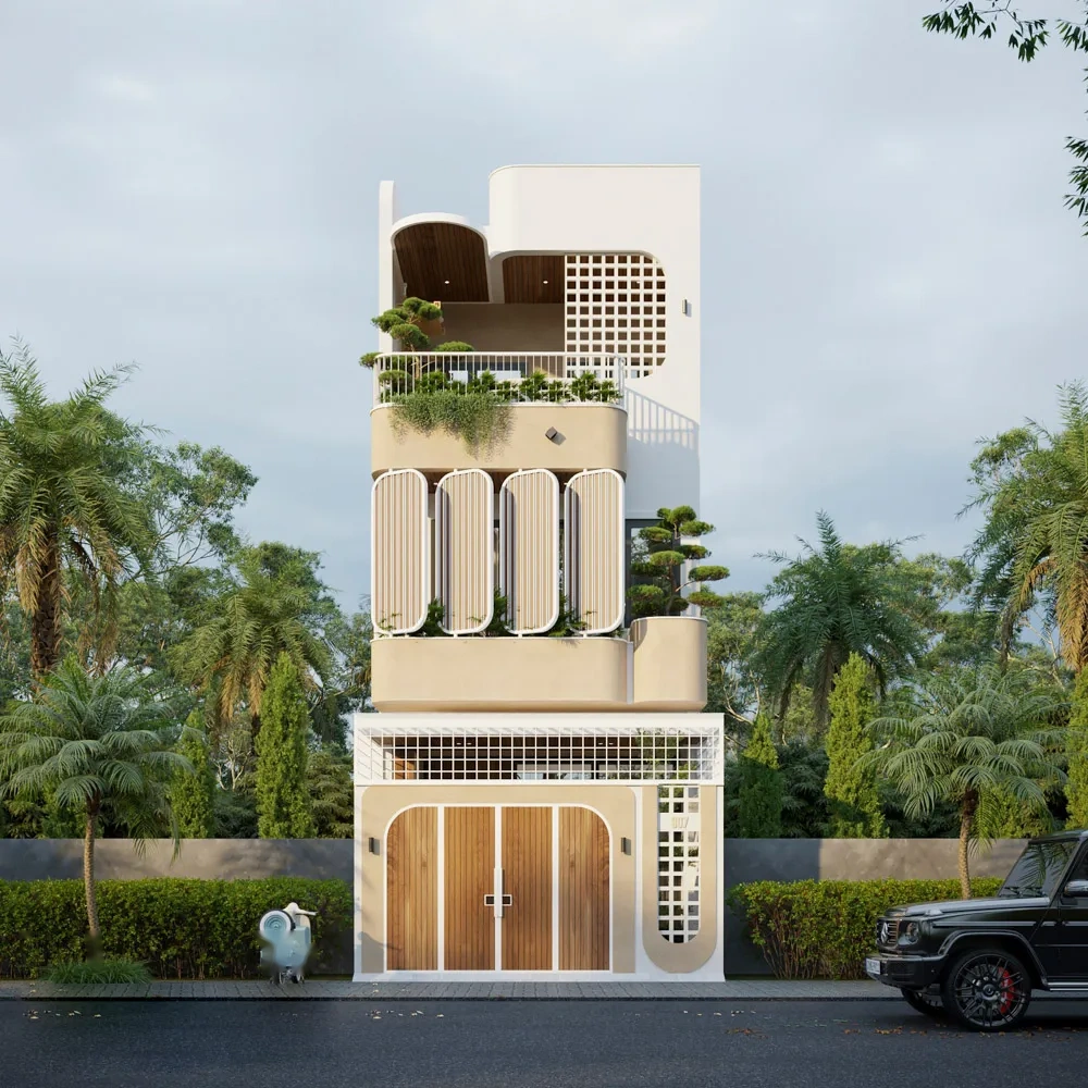 Mặt tiền nhà phố 2 tầng 1 tum 5x20m hiện đại với hệ lam xoay chắn nắng