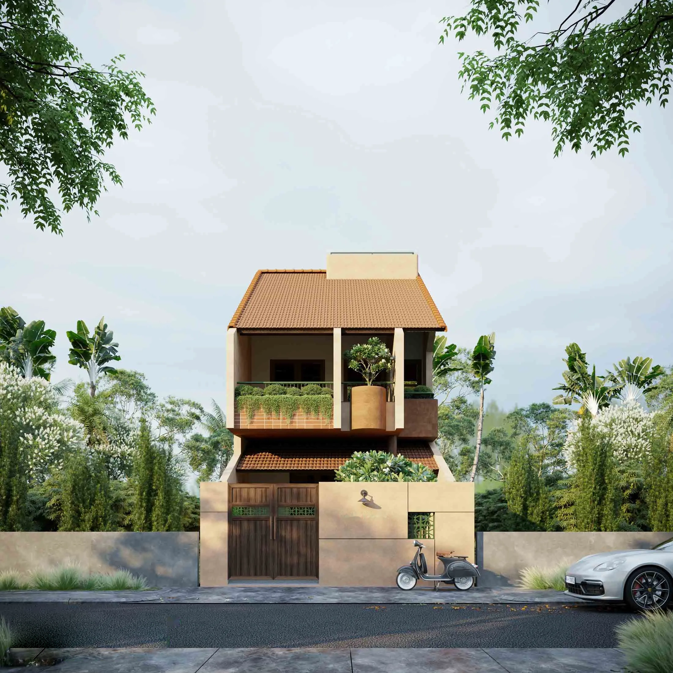 Mặt tiền nhà phố 2 tầng 6x22m mái ngói dốc kết hợp tường be đất ấm cúng
