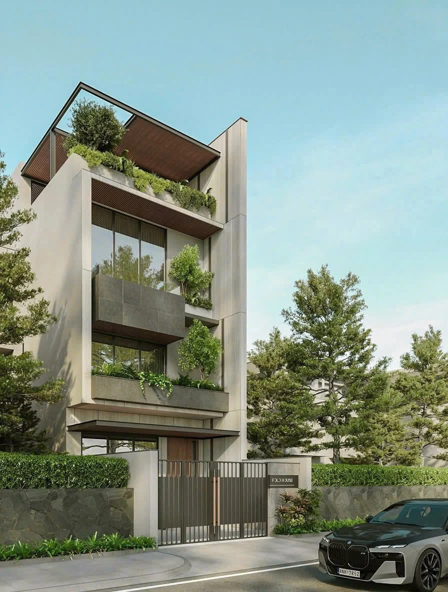 Phối cảnh góc nghiêng mặt tiền nhà phố 4 tầng