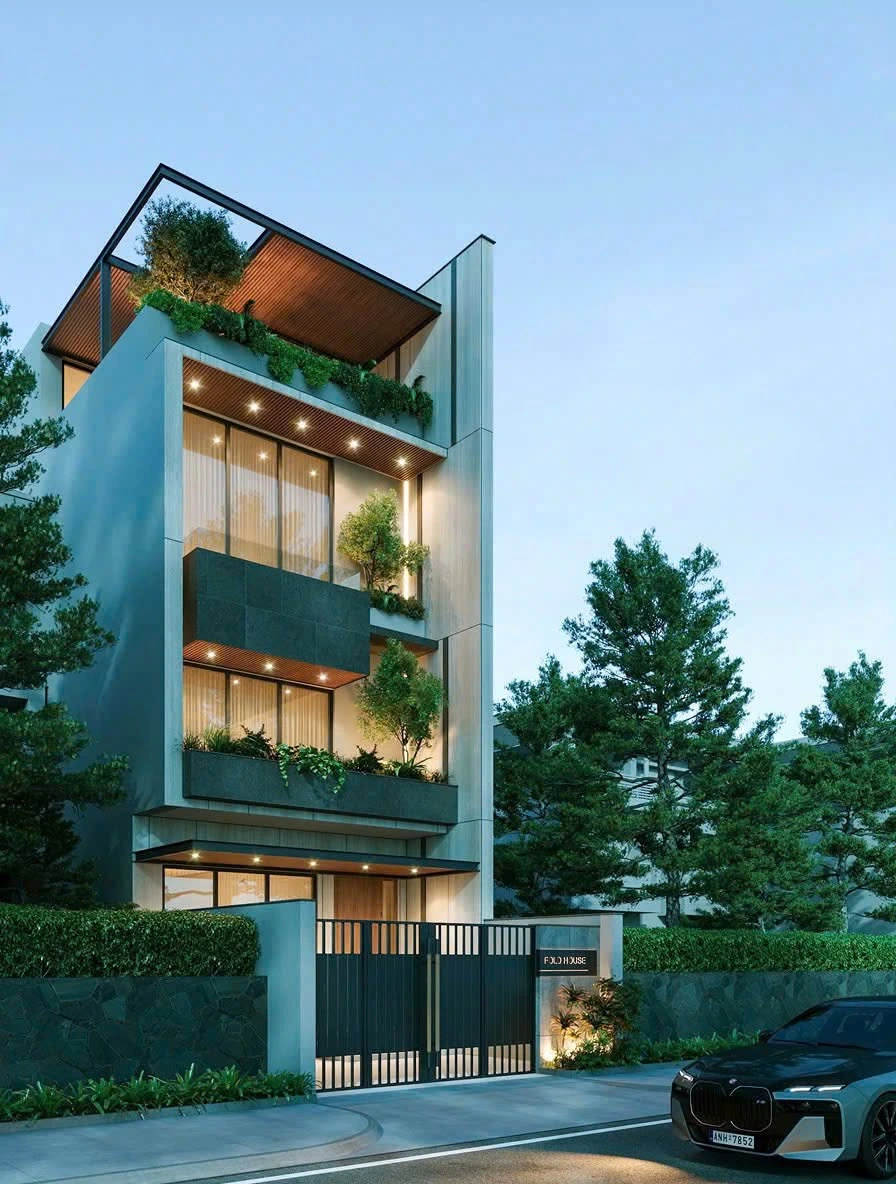 Mặt tiền nhà phố 4 tầng hoàng hôn lên đèn
