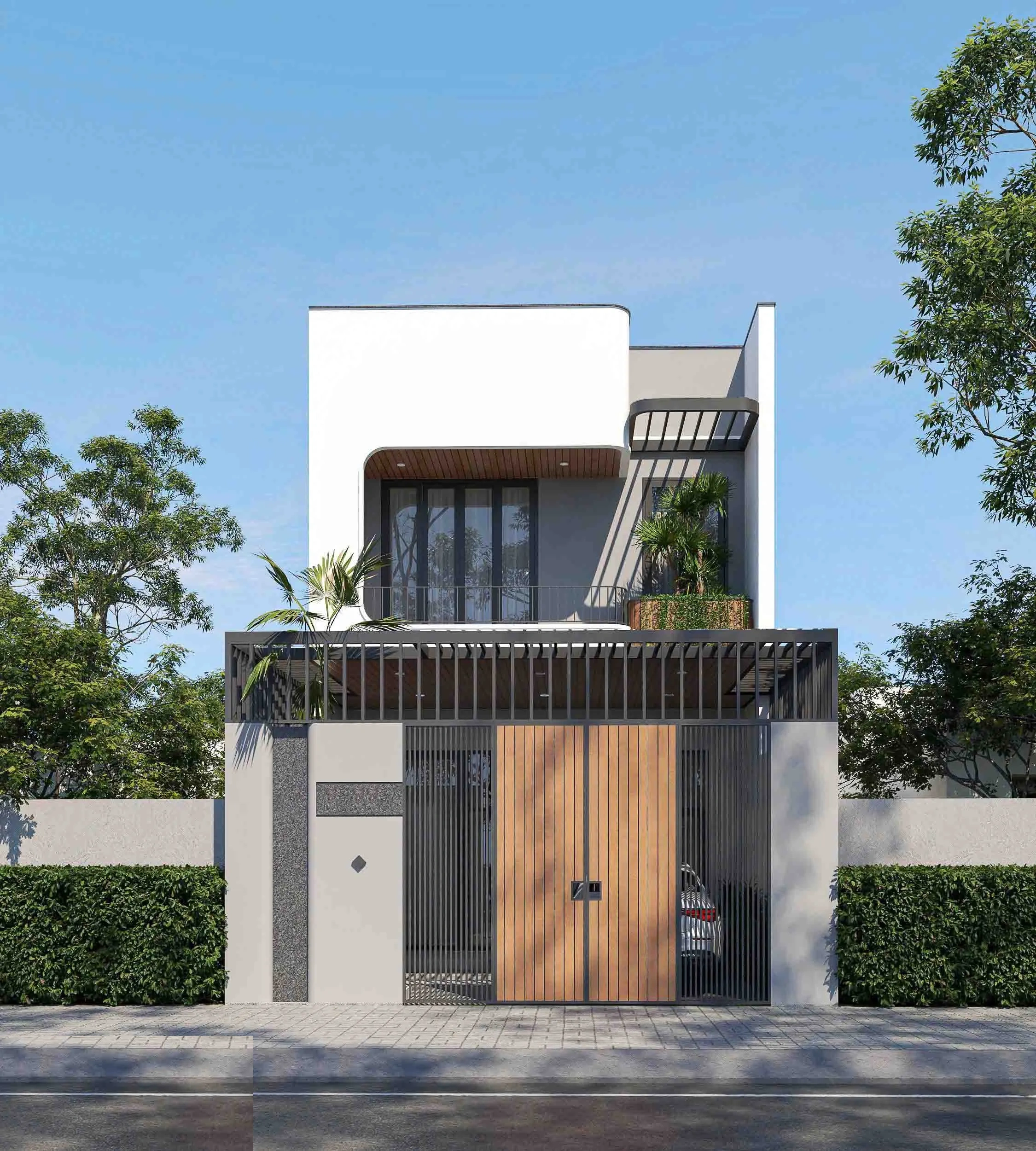 Mặt tiền nhà phố 2 tầng 6x21m hình khối hiện đại tối giản kết hợp lam che và bồn cây xanh