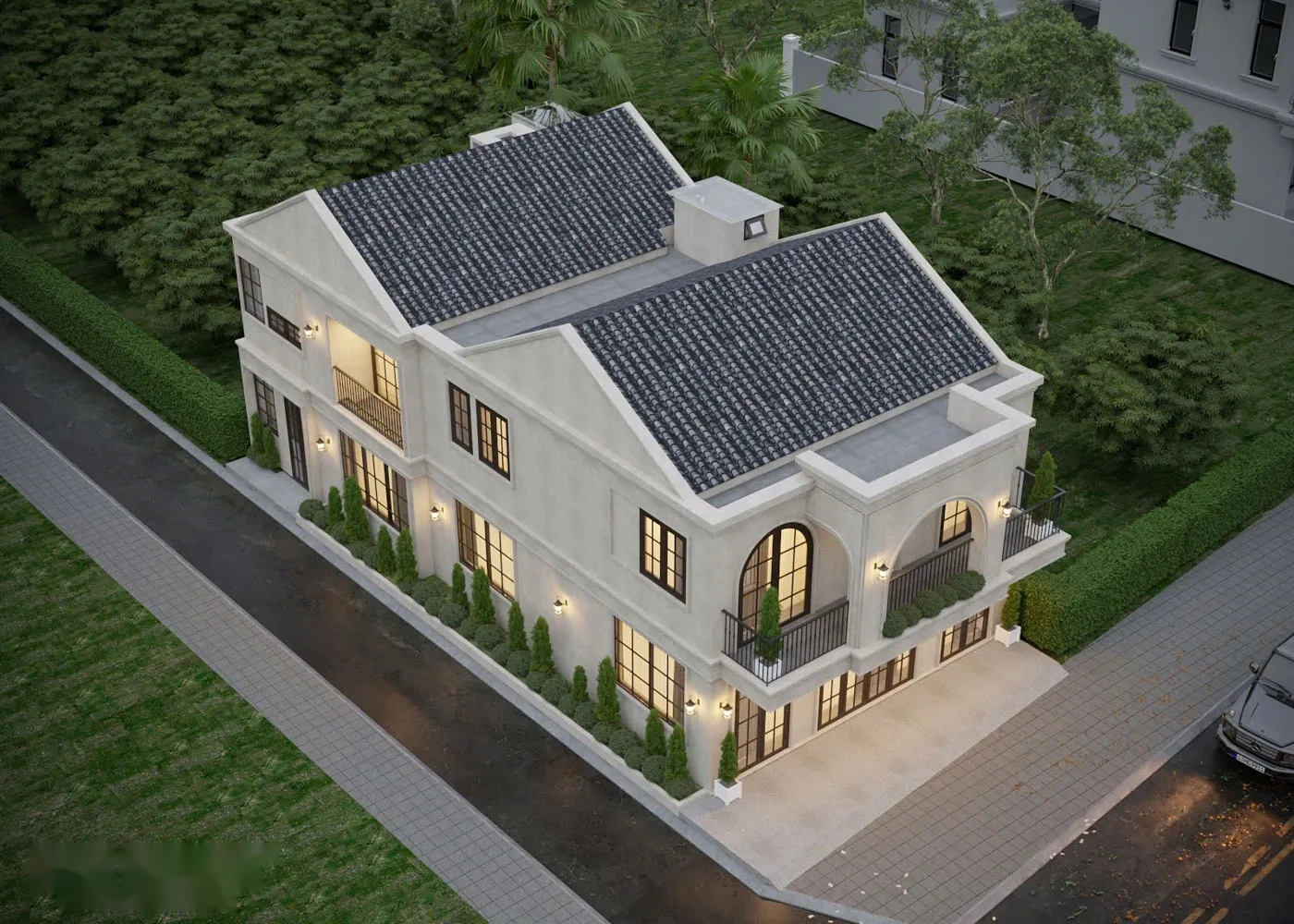 Toàn cảnh kiến trúc biệt thự phố tân cổ điển nhìn từ trên cao với hệ mái dốc ngói xám