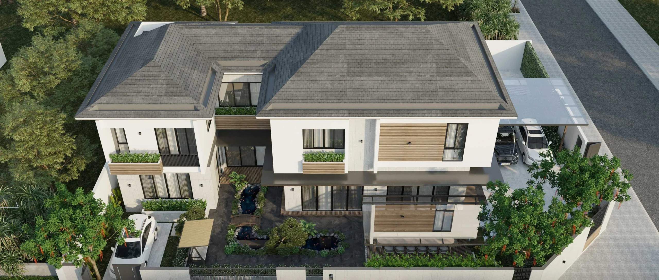 Phối cảnh tổng thể chim bay toàn cảnh khuôn viên 806m²