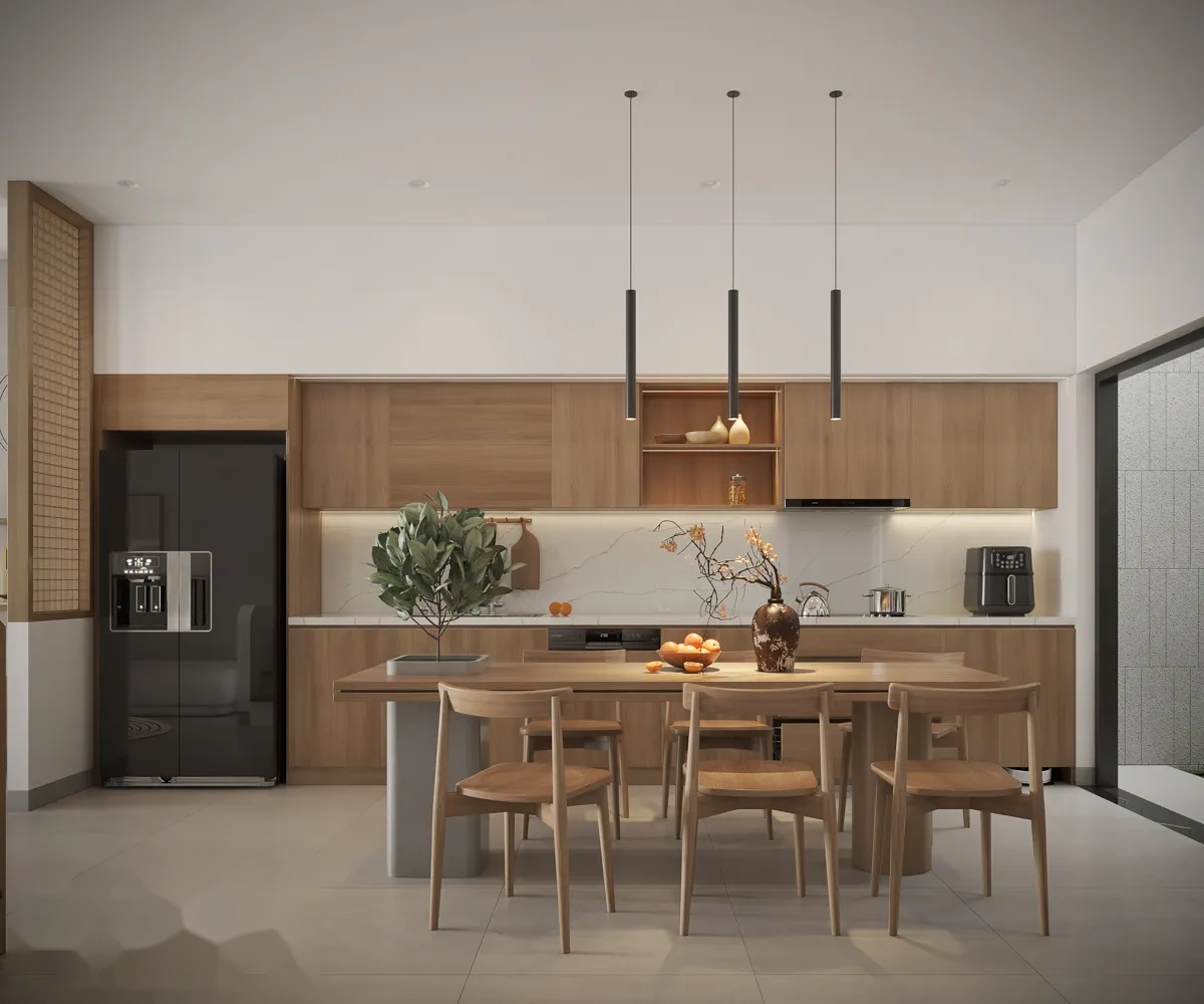 Không gian phòng khách hiện đại với sofa màu kem trang nhã và ánh sáng tự nhiên