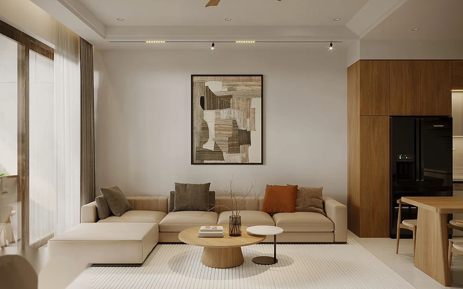 Không gian phòng khách hiện đại sofa chữ I tinh tế và thảm trải sàn ấm cúng