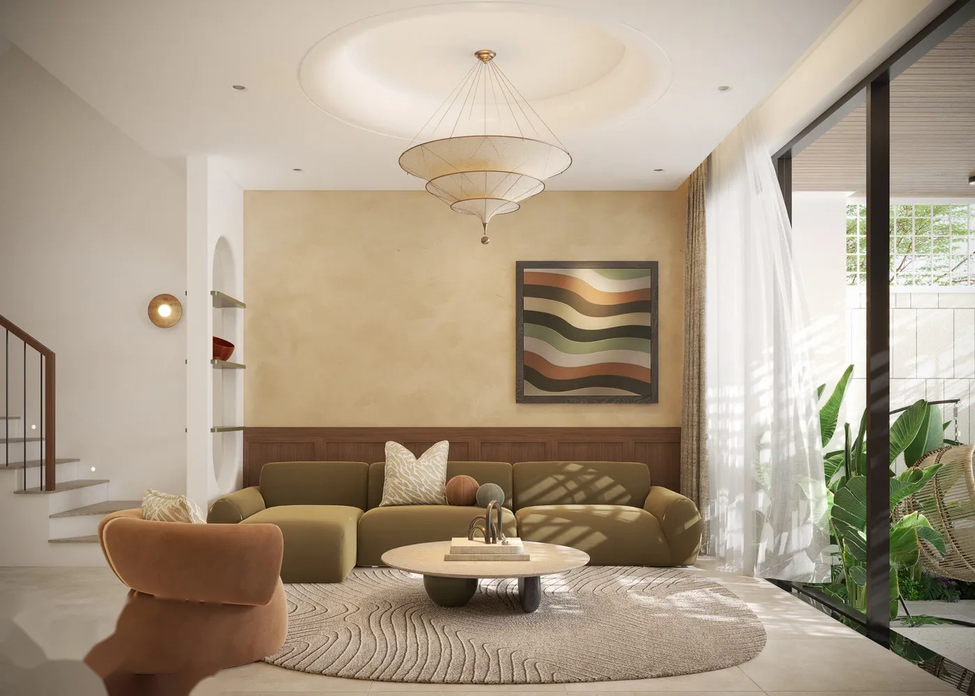 Nội thất phòng khách hiện đại sofa cong và thảm trải sàn nghệ thuật