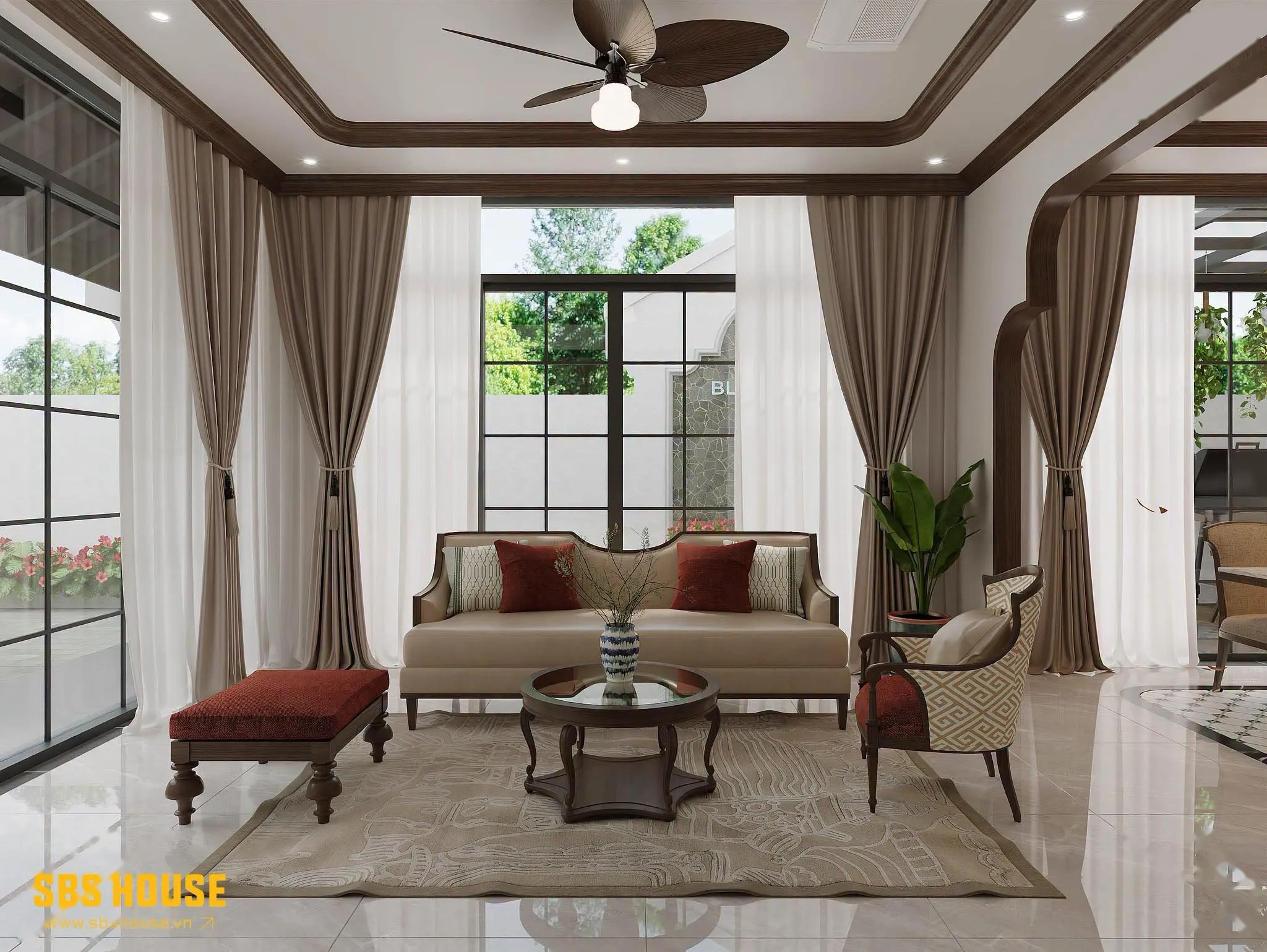 Nội thất phòng khách Indochine sofa trang nhã và vòm cong nghệ thuật