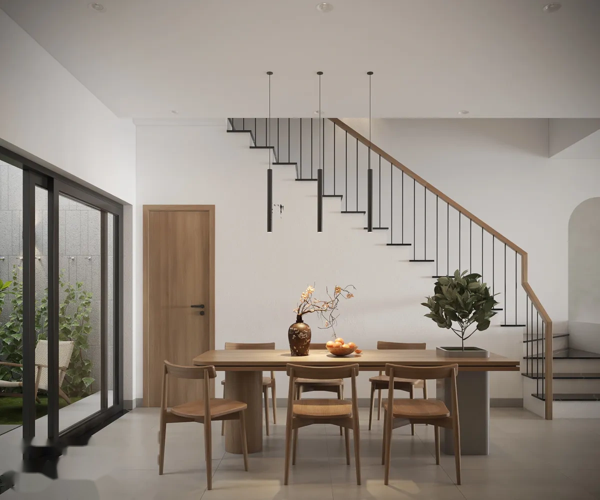 Bố cục không gian tầng 1 mở rộng kết nối phòng khách và khu vực ăn uống