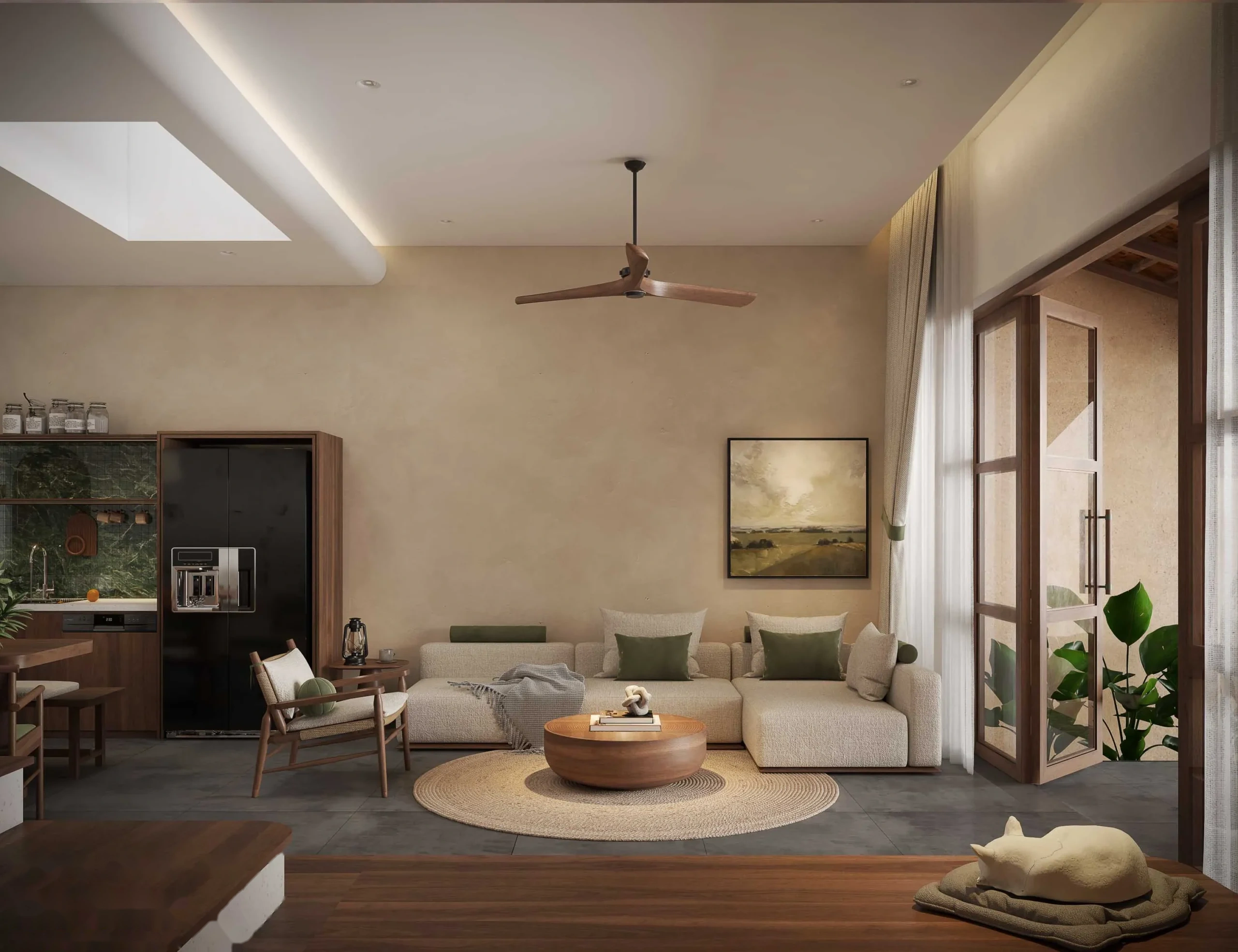 Nội thất phòng khách tinh giản với sofa vải thô, quạt trần gỗ và vách tường be mộc