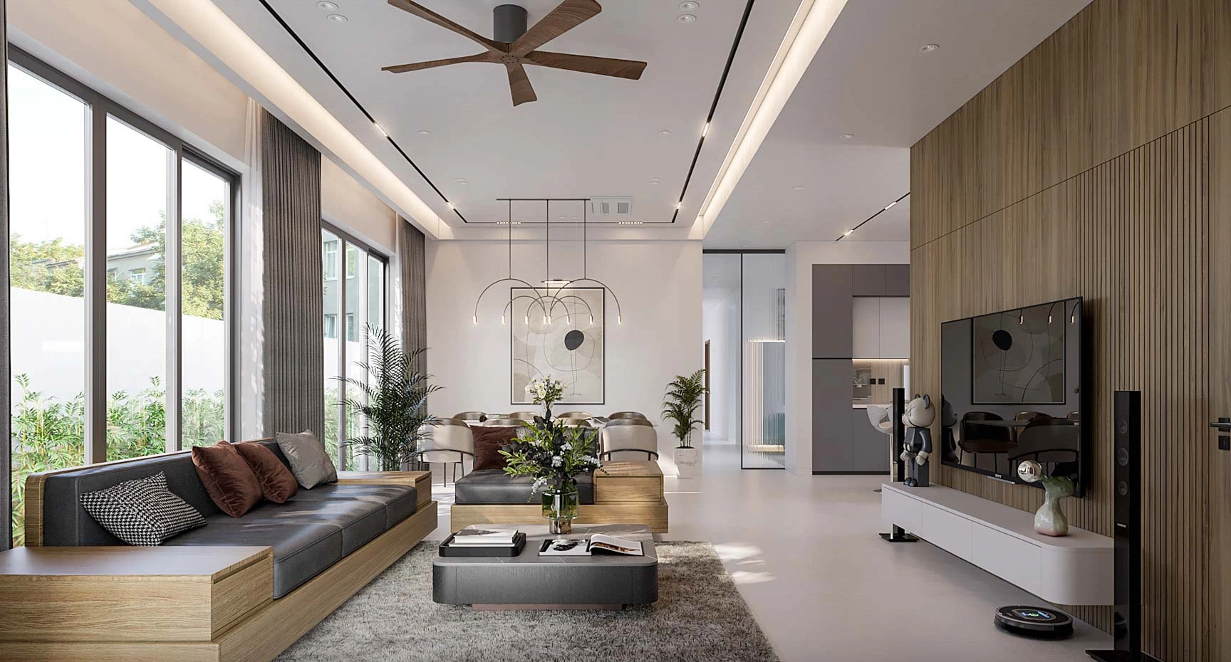 Phòng khách biệt thự sang trọng với sofa gỗ