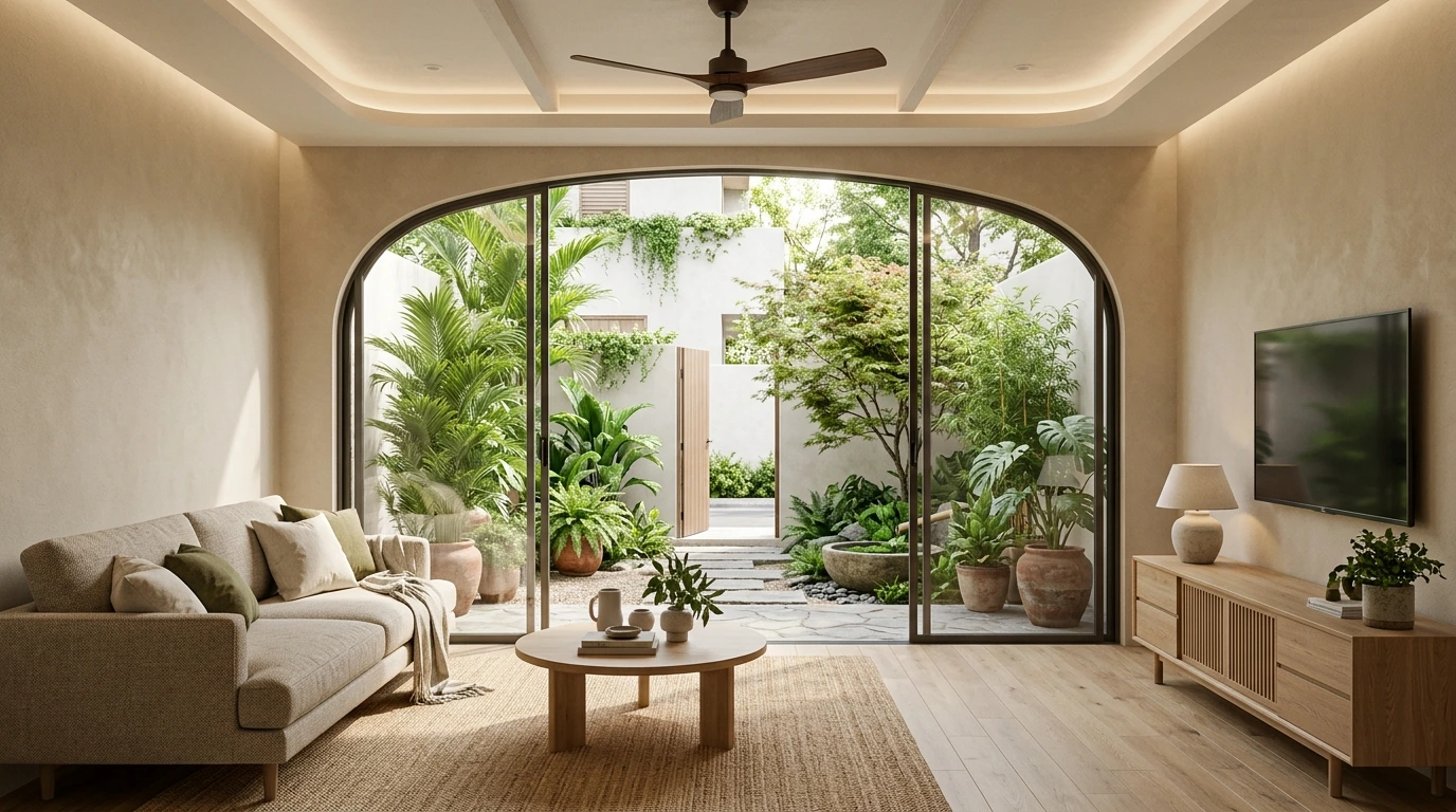 Không gian phòng khách mở liên thông sân vườn tràn ngập ánh sáng