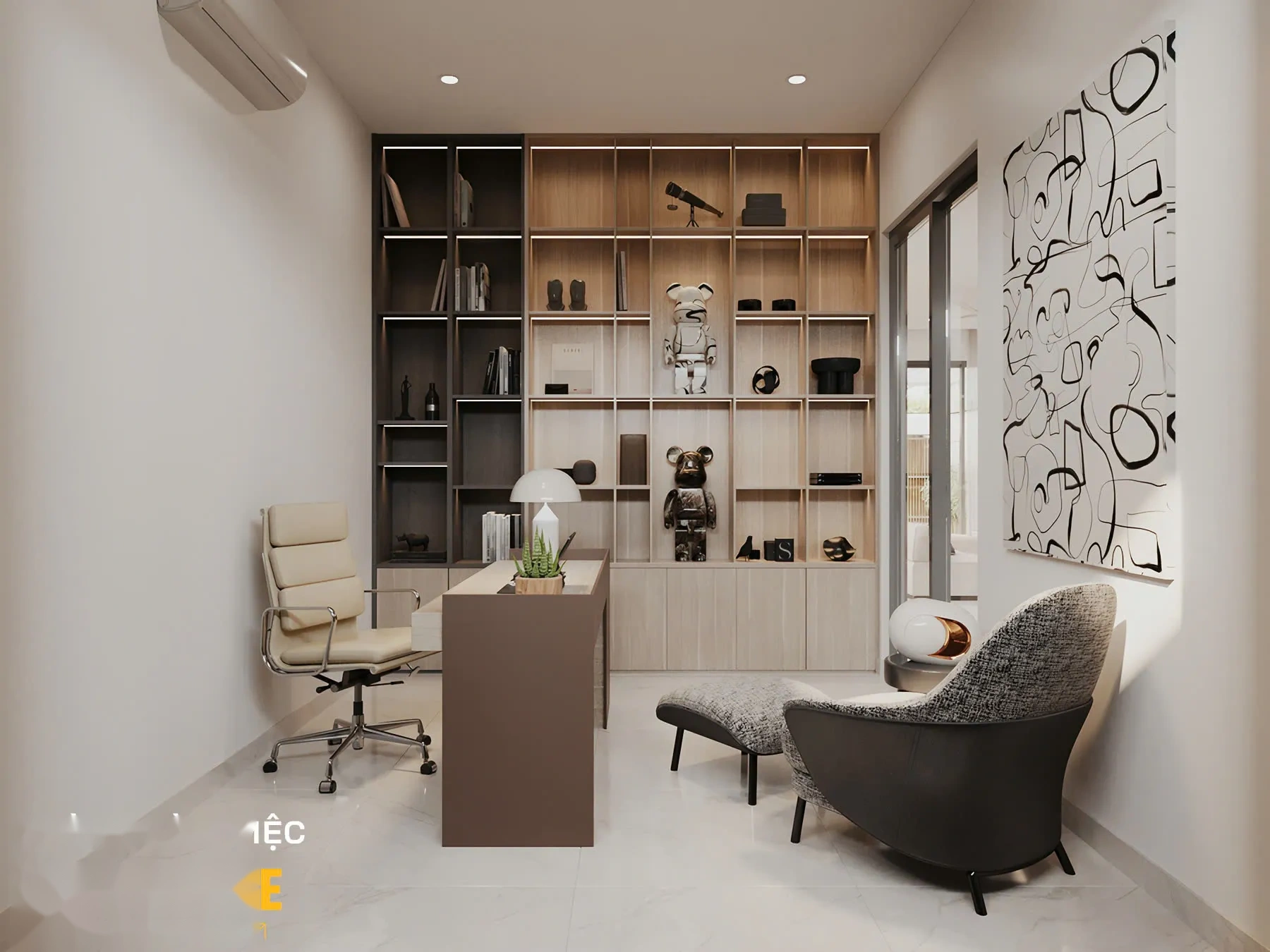 Không gian làm việc tại nhà thanh lịch với vách kính nhìn trọn mảng xanh sân sau