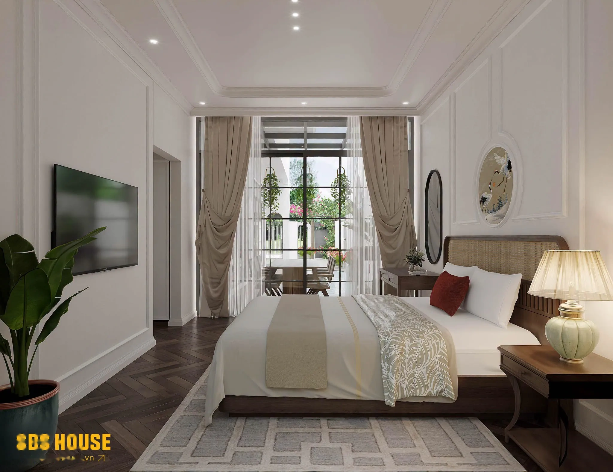 Nội thất phòng ngủ Master tone gỗ trầm ấm và đầu giường mây đan