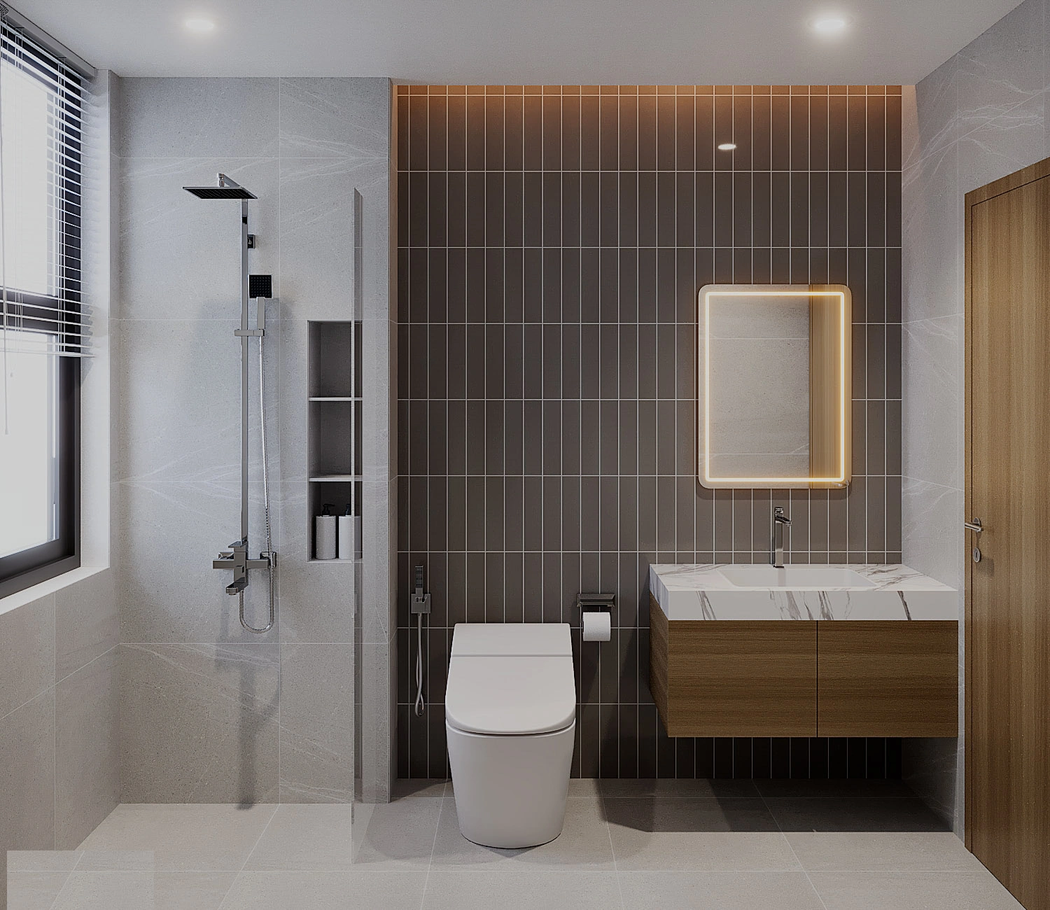 Phòng tắm Master hiện đại với vách kính