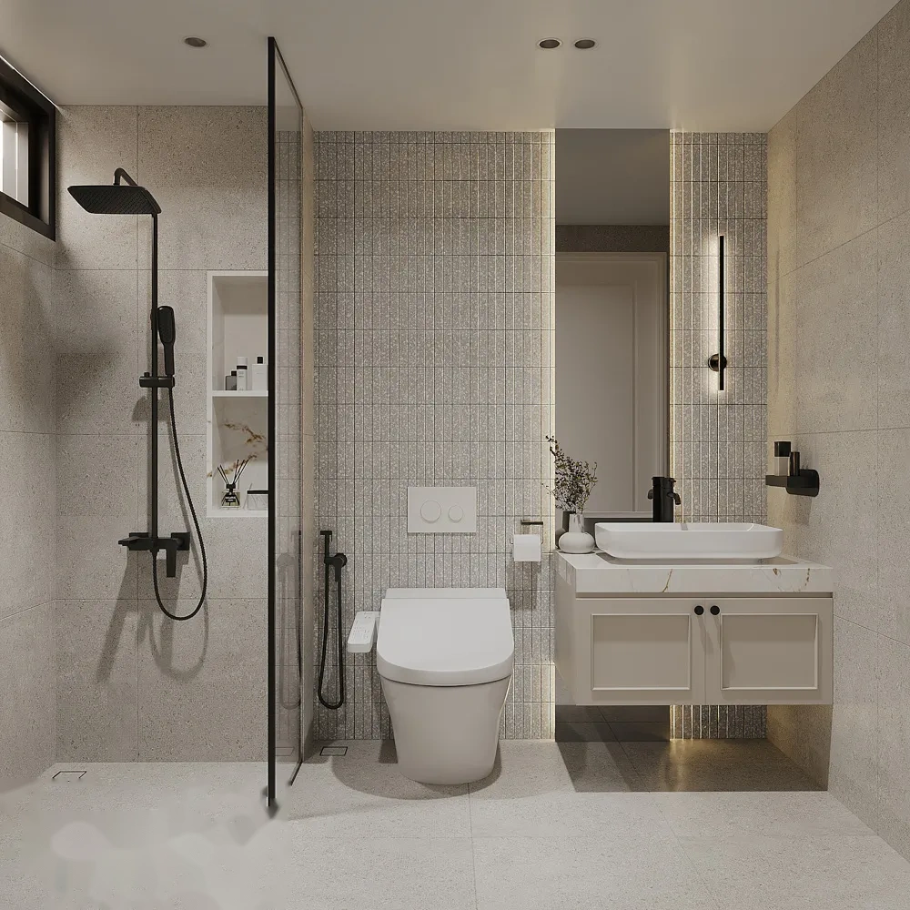 Thiết bị vệ sinh cao cấp với vách kính tắm đứng và gương soi led nghệ thuật