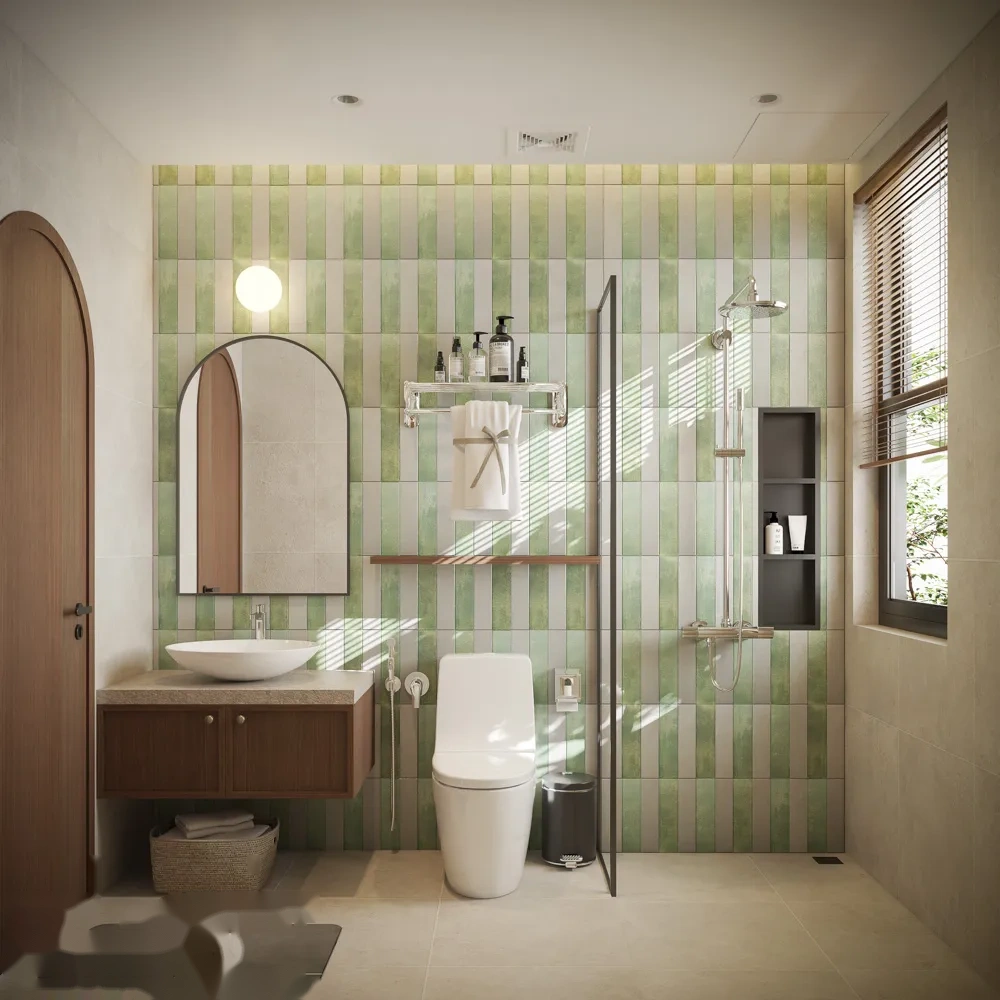 Nội thất phòng tắm Master lavabo gương vòm và vách kính đứng