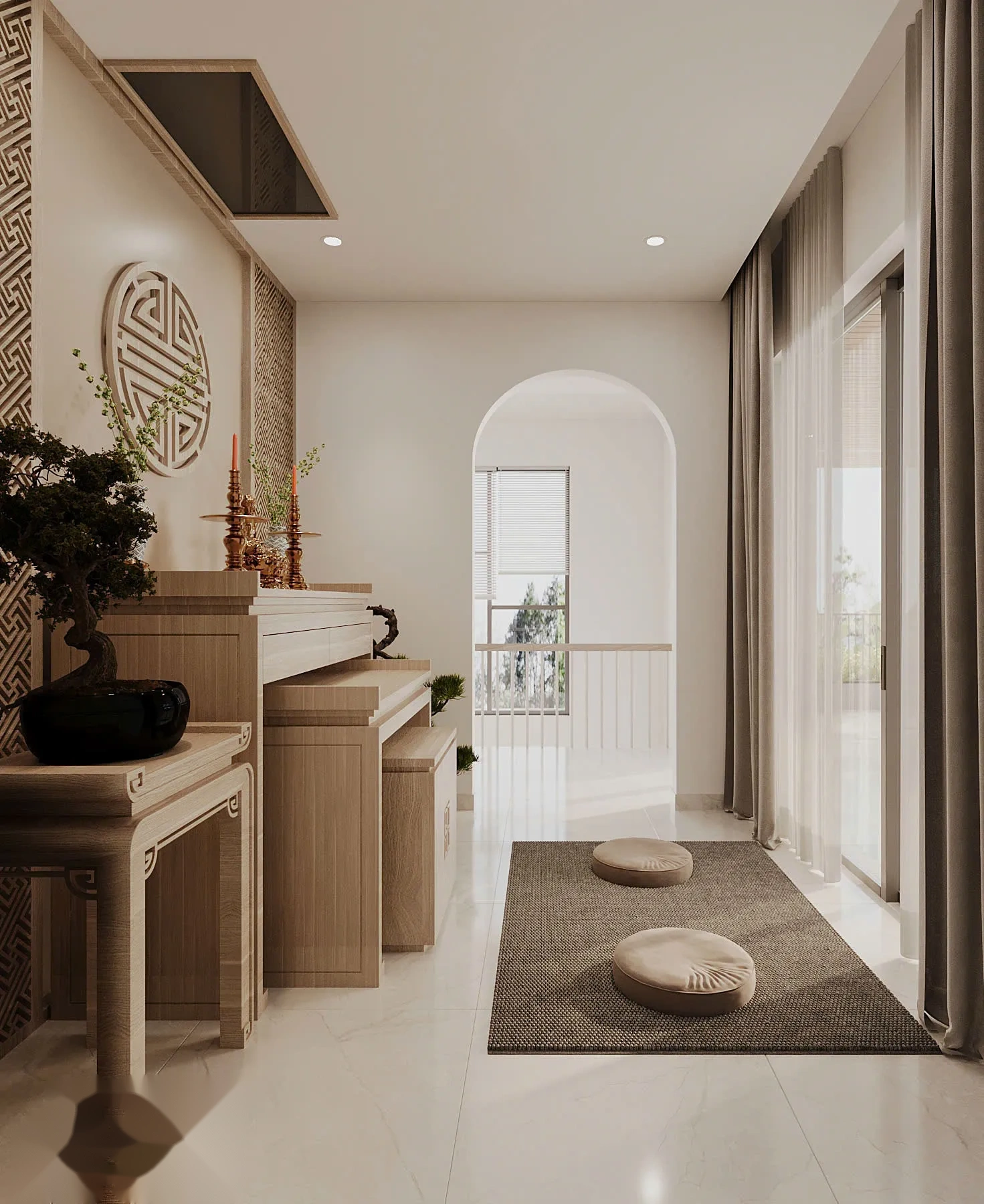 Không gian thờ cúng gia tiên trang nghiêm đặt tại vị trí cao nhất của ngôi nhà