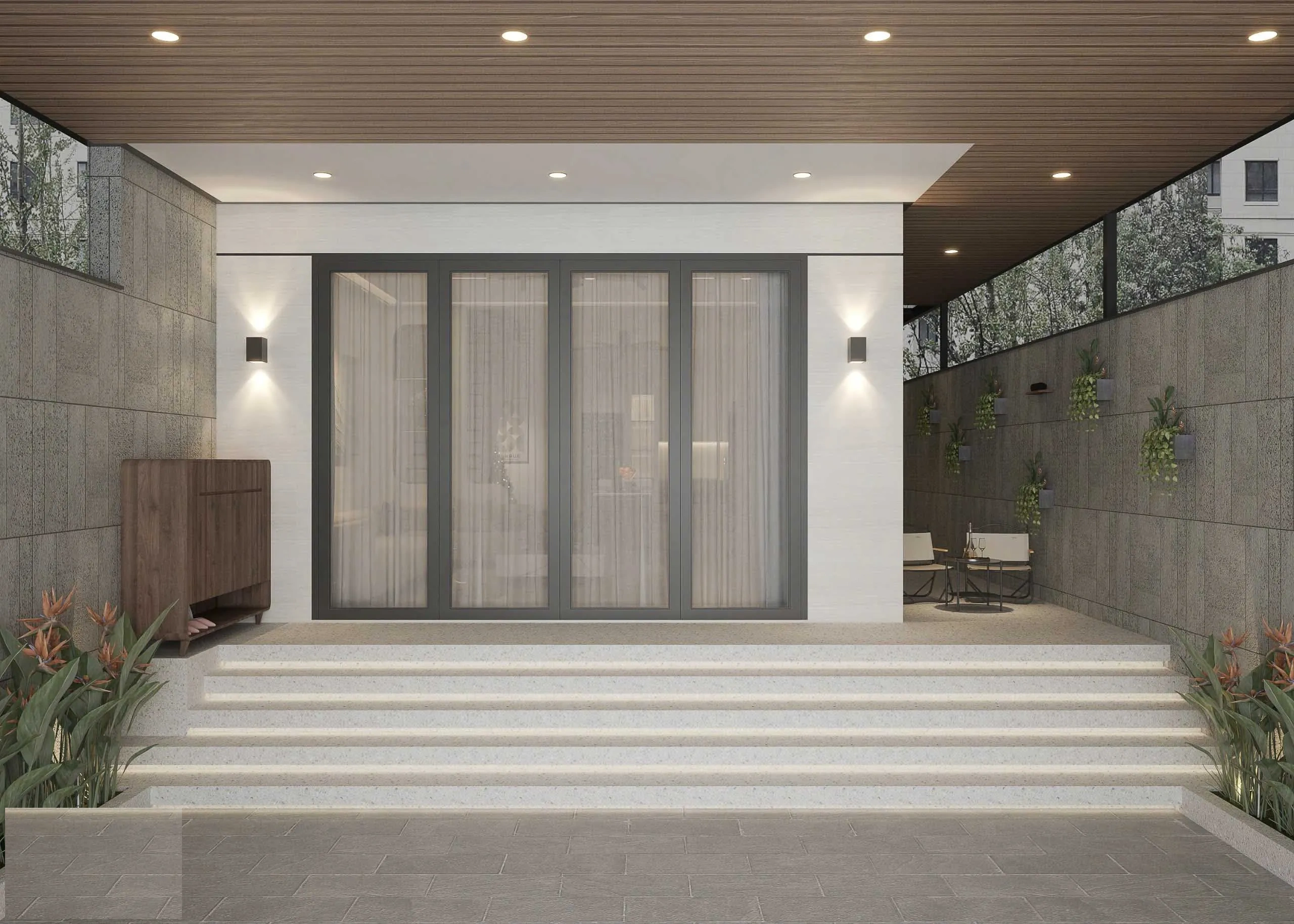 Sân trước và cổng chính hiện đại