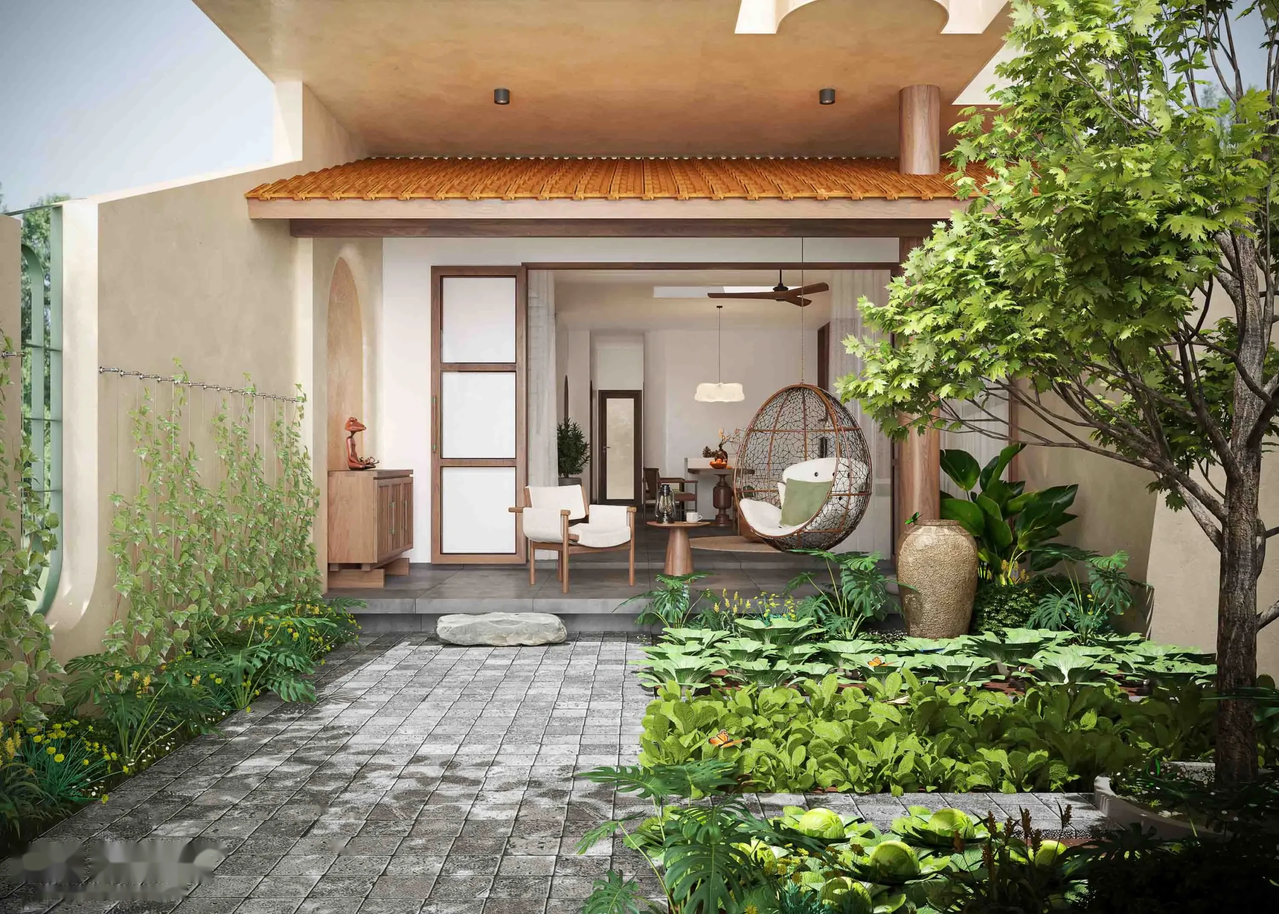 Khoảng sân trước trồng rau xanh kết hợp hiên trà thư thái dưới mái ngói đỏ truyền thống
