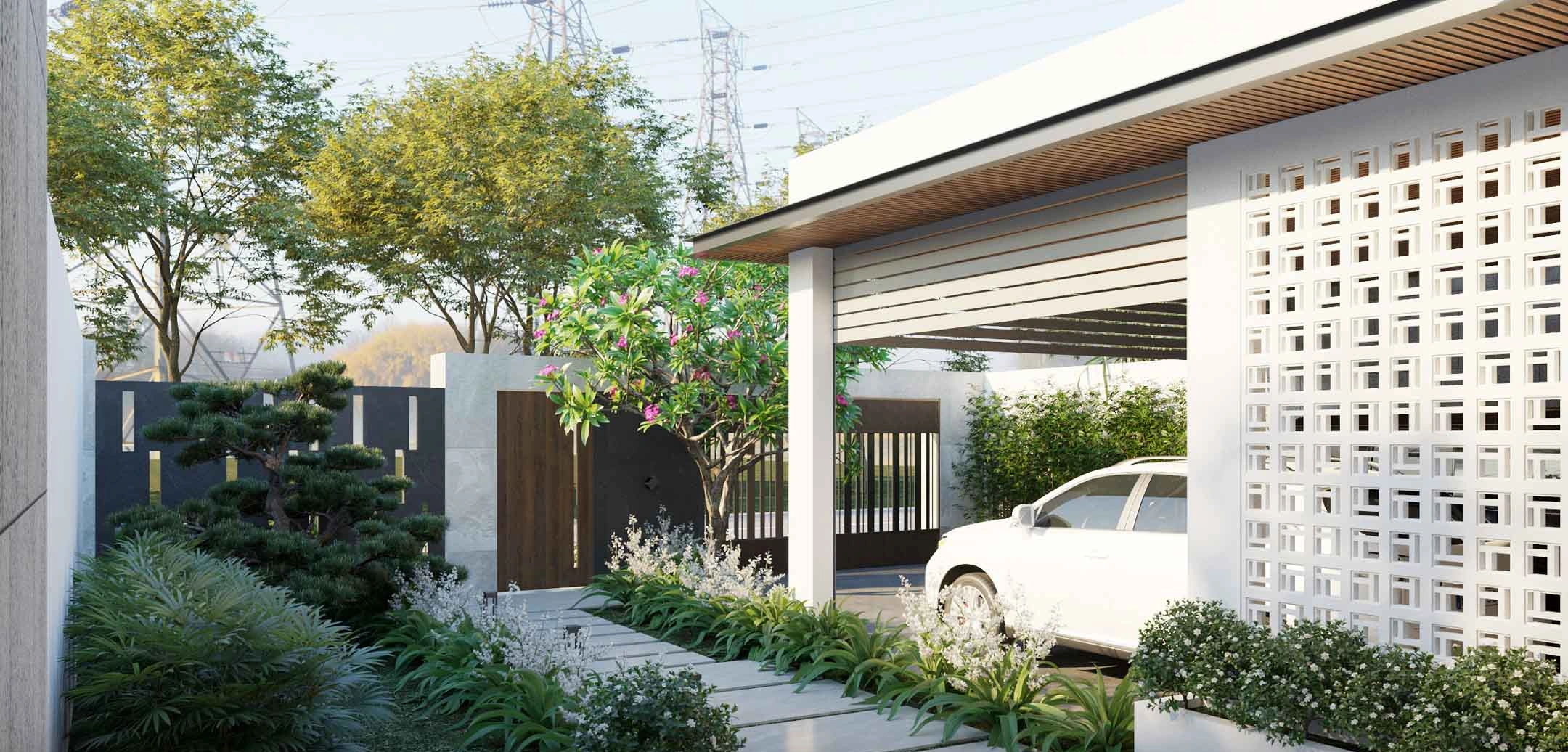 Sân vườn và lối dạo bước vào biệt thự vườn