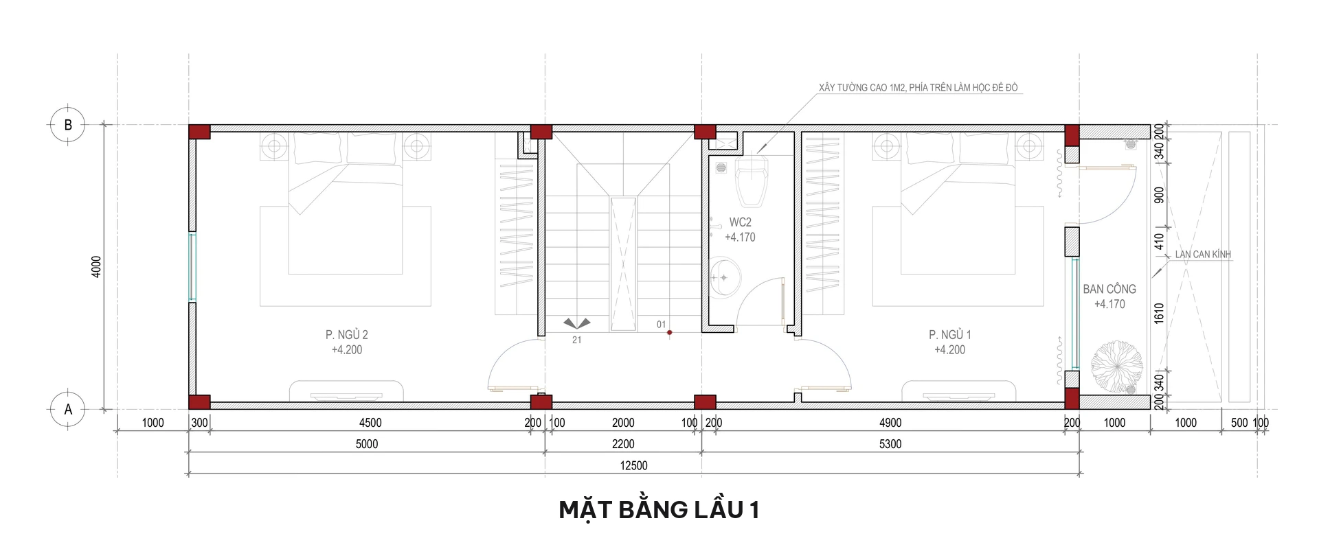 Bản vẽ mặt bằng lầu 1 nhà phố 4 tầng gồm 2 phòng ngủ 1 wc ban công