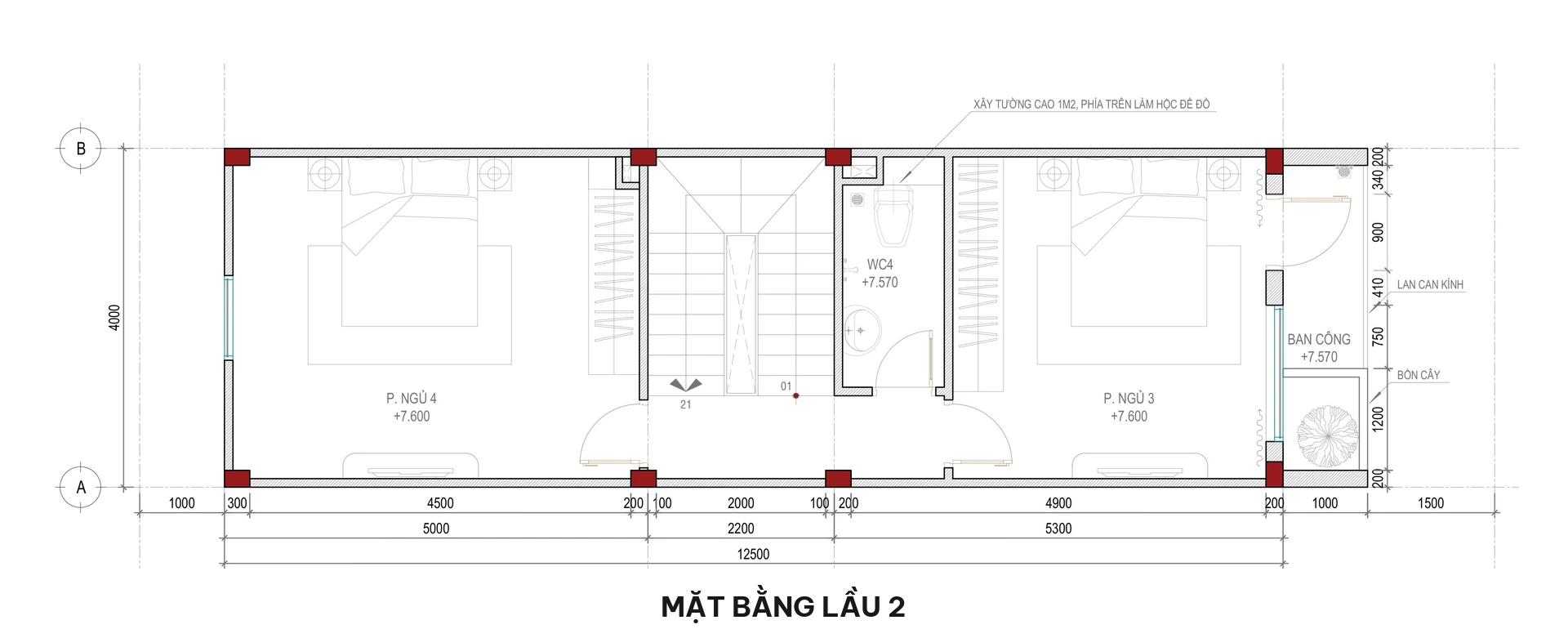 Bản vẽ mặt bằng lầu 2 nhà phố 4 tầng gồm 2 phòng ngủ 1 wc ban công