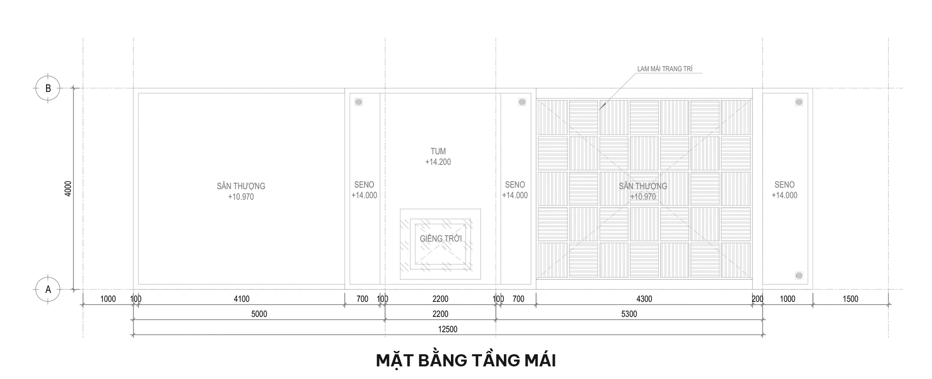 Bản vẽ mặt bằng tầng mái giếng trời và lam che nắng nhà phố 4x16m