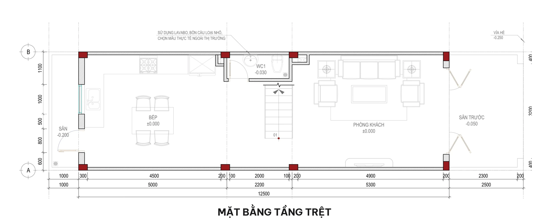 Bản vẽ mặt bằng tầng trệt nhà phố 4 tầng 4x16m gồm sân trước phòng khách bếp