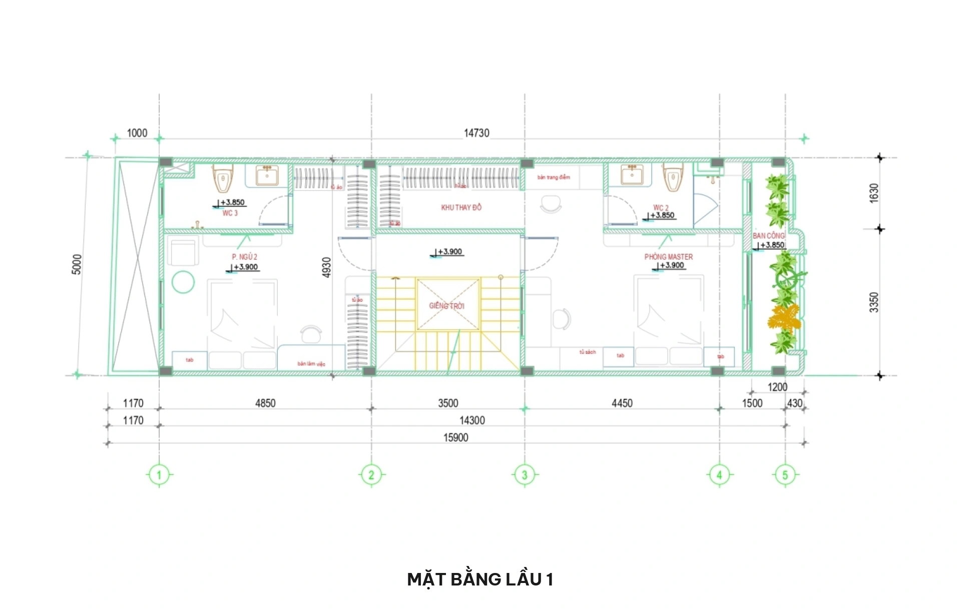 Mặt bằng lầu 1 nhà phố 5x16m