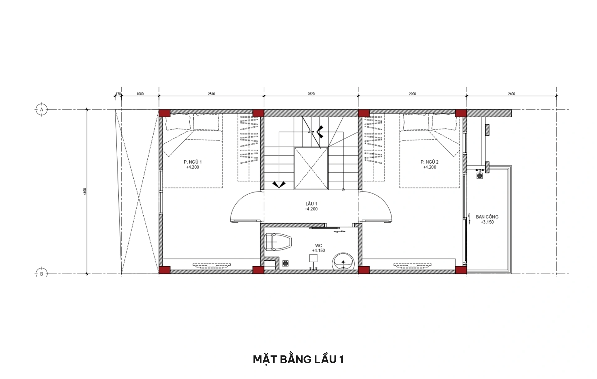 Mặt bằng lầu 1 nhà phố 5x12m