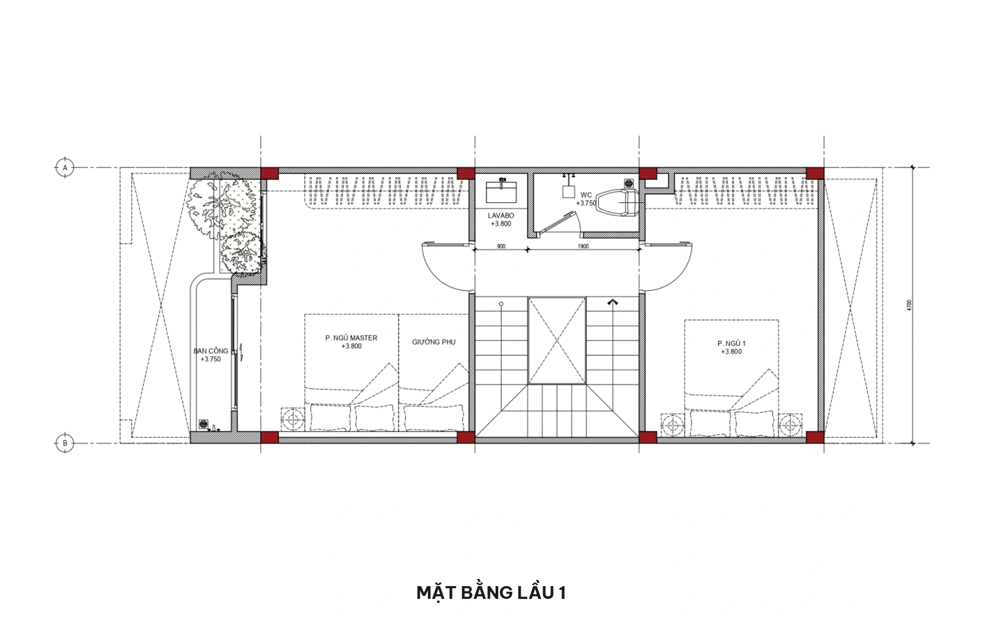Mặt bằng lầu 1 nhà phố 5x13m