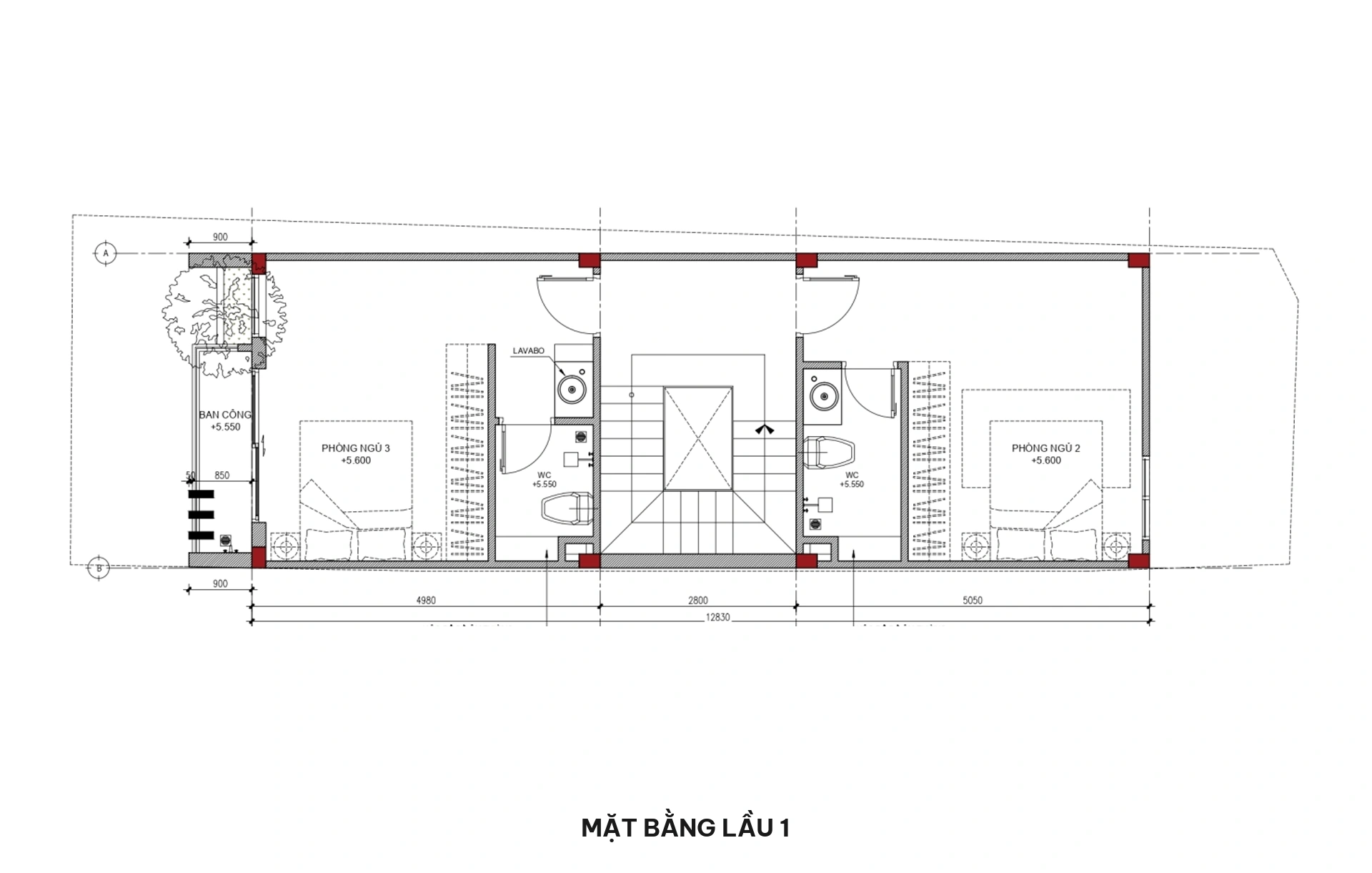 Mặt bằng lầu 1 nhà phố 4.5x13m